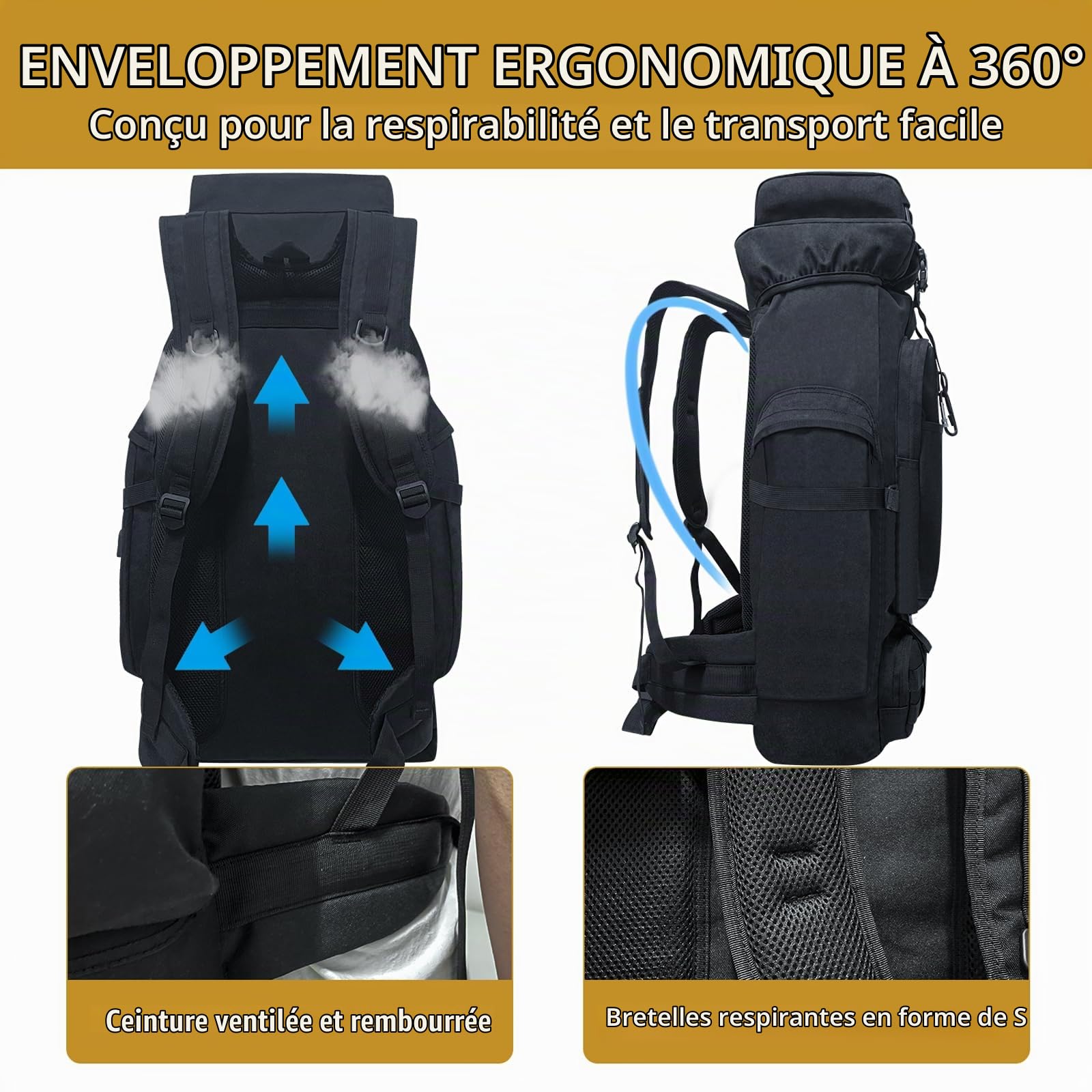 Sac à Dos de Randonnée de Camping 80L, Grand Sac à Dos Tactique Militaire, Sac à Dos De Voyage Étanche Avec Mousqueton Sac à Dos MOLLE Extérieur pour Hommes Femmes (Noir)