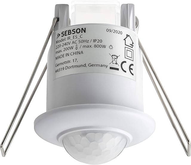 SEBSON 2x PIR Sensor Ceiling Indoor 360°, Flush mounted, Recessed Infrared Motion Detector, LED light suitable, Range max. 6m /360°, max. 800/200W, IP20