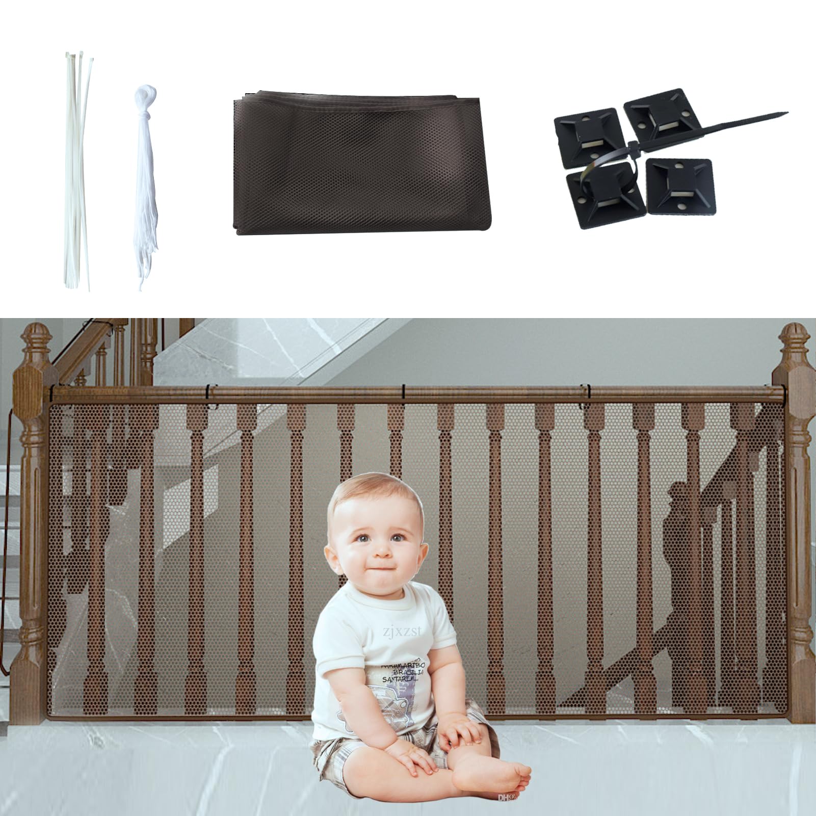 Kinder Sicherheitsnetz,300x90cm Kinder Treppenschutznetz,Baby Balkon Geländer 3 Meter Treppenhaus Sicherheitsnetz,Haushalt Rausfallschutz Netz,für Schutz von Kindern Haustieren |Kaffeefarbe|