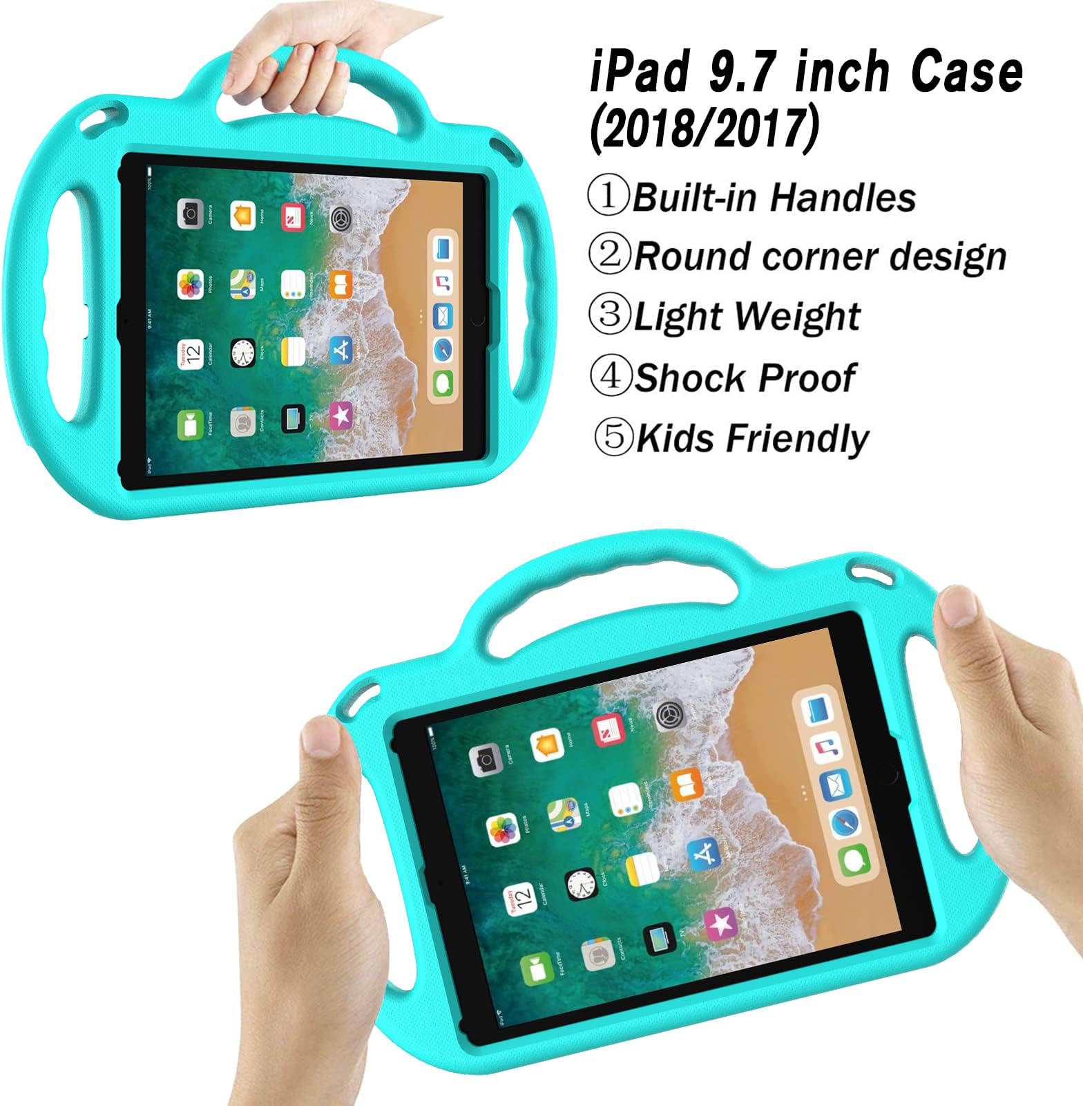 LTROP Kids Case for iPad 5th/6th Generation (9.7 inch, 2017/2018), iPad Air 1 & Air 2 & Pro 9.7 Kids Case with Shoulder Strap Handle Stand for iPad 5/6 & iPad Air 1st/2nd Gen, Turquoise