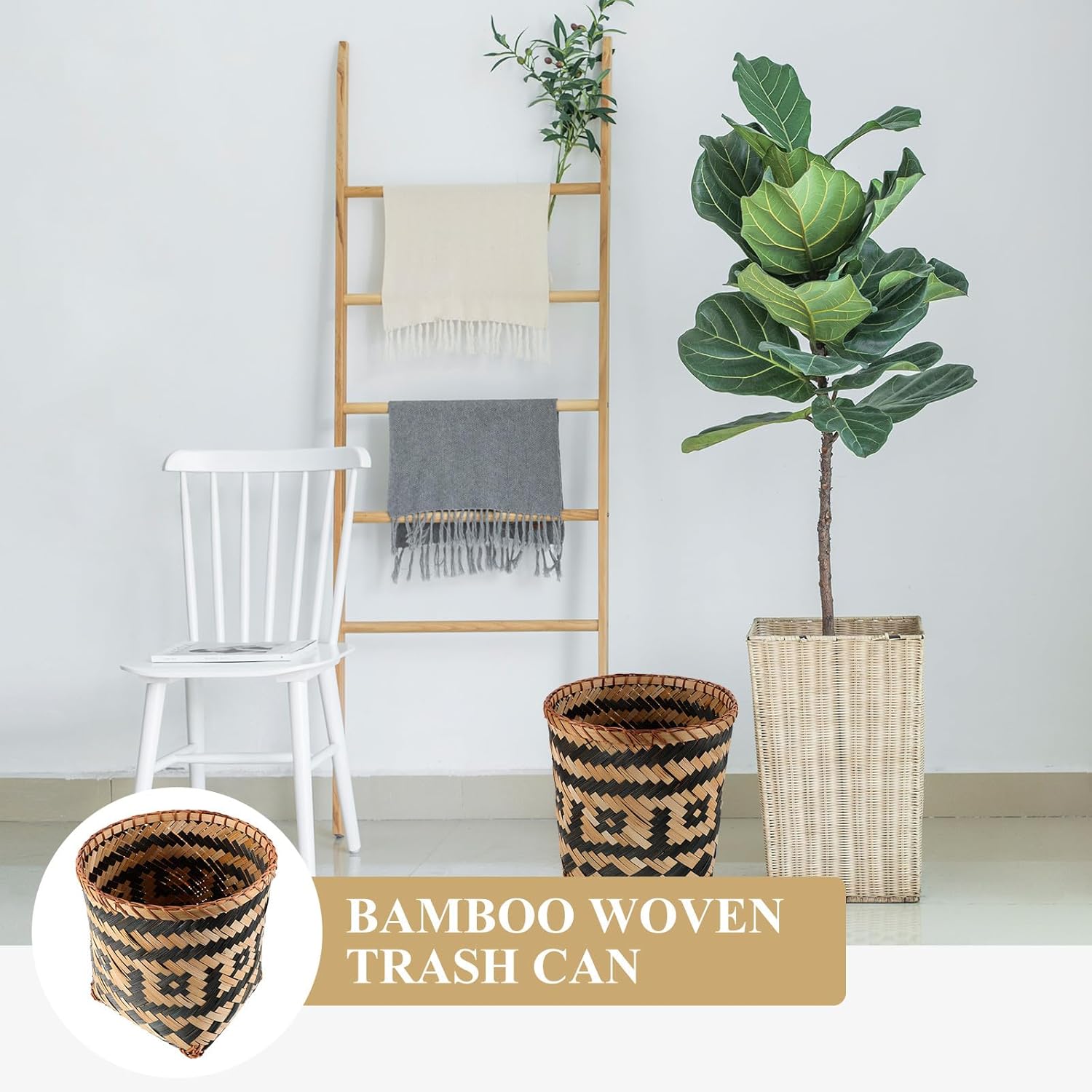 Woven Trash Can Large Decorative Storage Basket Eco-Friendly Rubbish Container for Home Living Room Sundries Organization Random Style