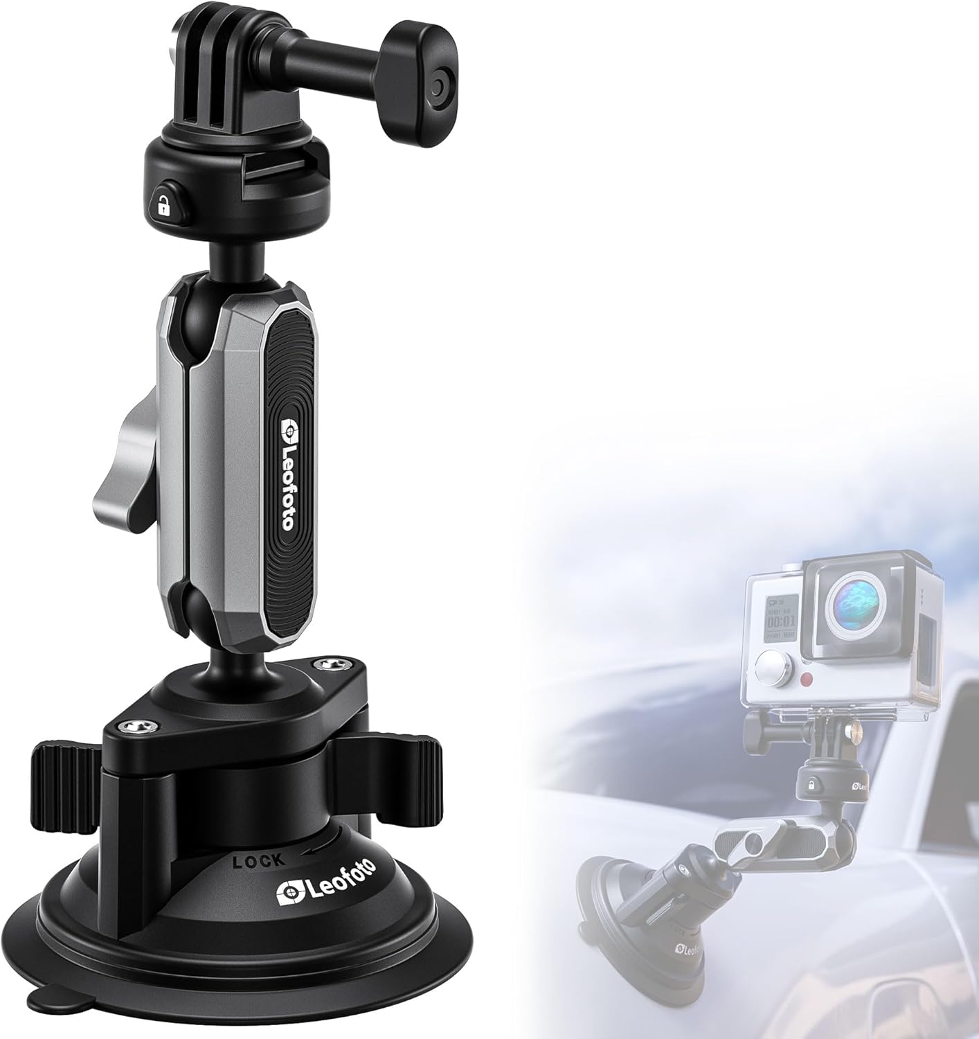 Suction Cup Action Camera Car Mount Compatible with DJI OSMO Action 4/3/2, for Insta360 X3/X2, for Gopro Hero 11/10/9/8, Action Camera with 1/4"-20 Thread (LAC-04)