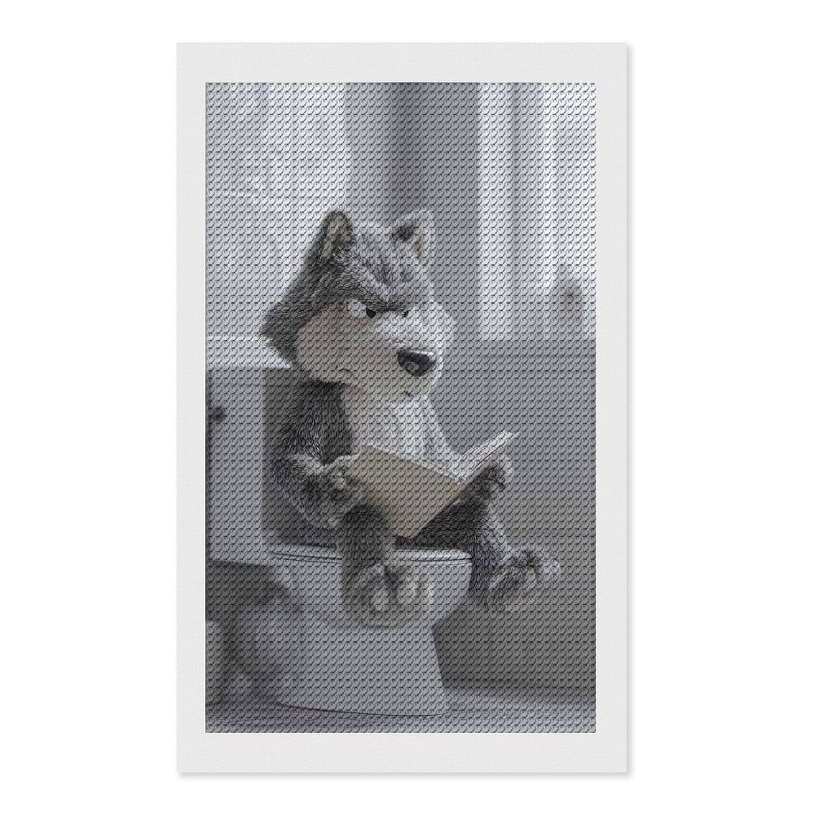 Junmoney Wolf Reading on The Toilet Diamond Painting Canvas Kit 12"x20", Relaxing DIY, Modern Decor, Aesthetic Room Decor, Home Wall Art, Wall Art Gift