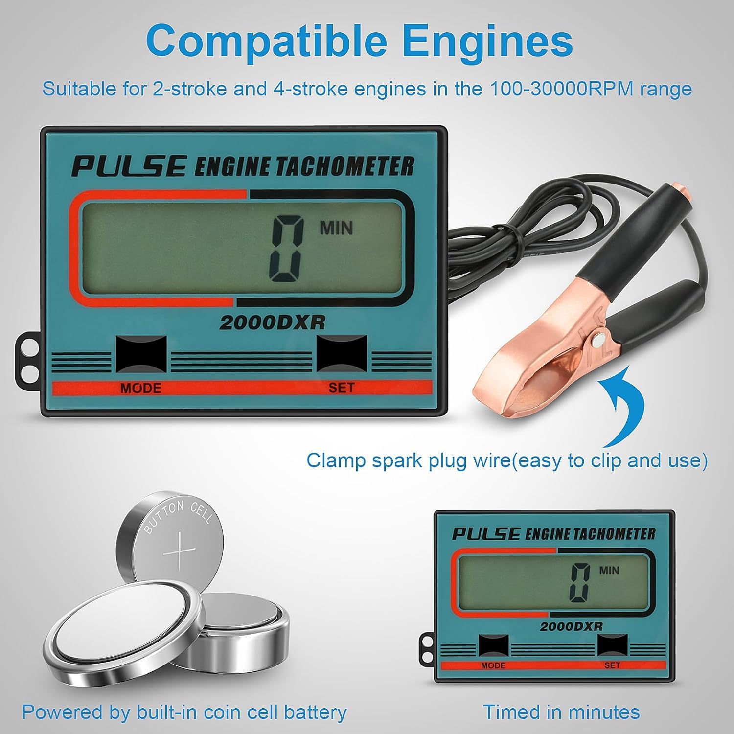 Compte-tours Numérique à Induction, Tachymètre LCD Précis avec Compteur d’Heures (jusqu’à 30.000 tr/min), pour Tronçonneuses, Tondeuses, Motos et Motoneiges
