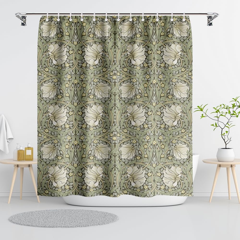 William Morris Vintage Floral Shower Curtain,Sage Green/Yellow Shower Curtain Sets for Bathroom with 12 Hooks,Farmhouse Decorative Curtain for Women