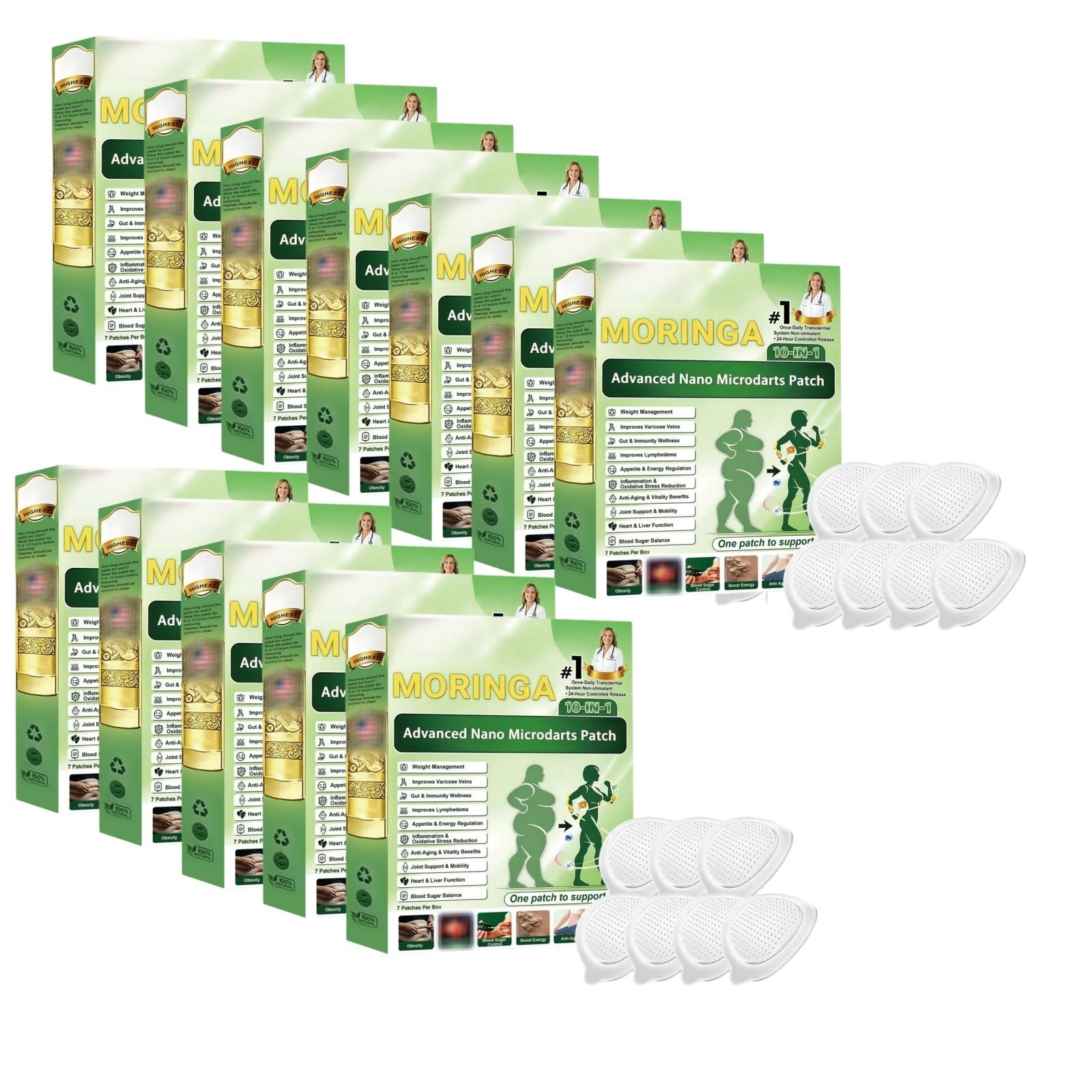 Moringa 10 in 1 Patches,Advanced Nano Microneedle Patch, Patch dimagrante naturale per perdita di peso, pancia piatta, facile da applicare, invisibile, da uomo e donna, patch per tutti i tipi di corpo