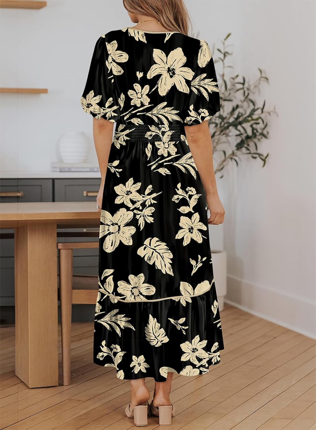 Dokotoo Womens Tie Front V-Neck Empire Waist Dress Summer Short Sleeve Smocked Wedding Guest Dress Floral Maxi Dresses - Image 2