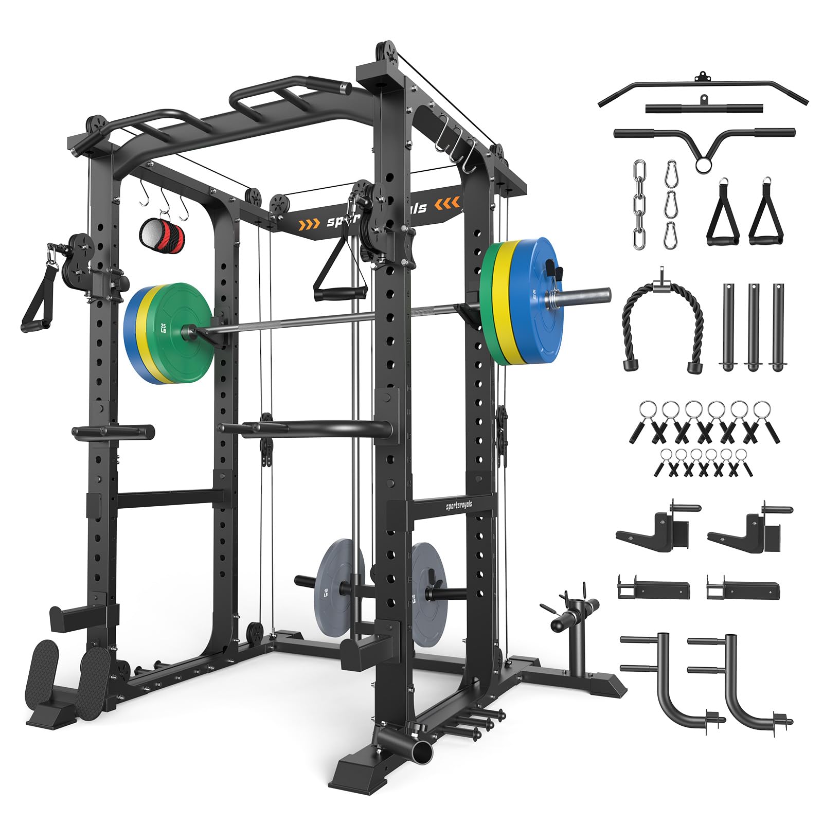 SPORTSROYALS Power Rack, Multi-Functional Power Cage, Squat Rack with Pulley System &amp; LAT Pull Down, Workout Cage with J Hooks for Home Gym