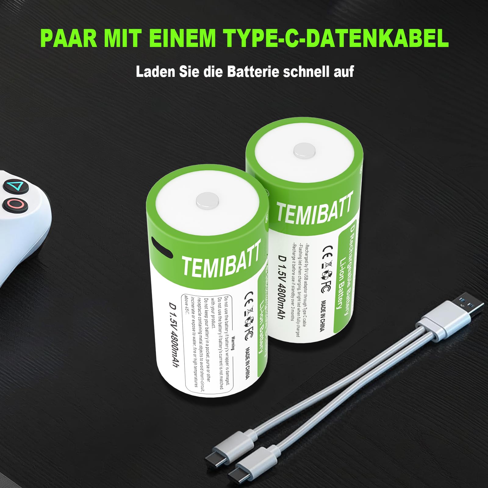 D Akku Wiederaufladbar USB-C, 4800mAh, 1,5V, 6er-Pack