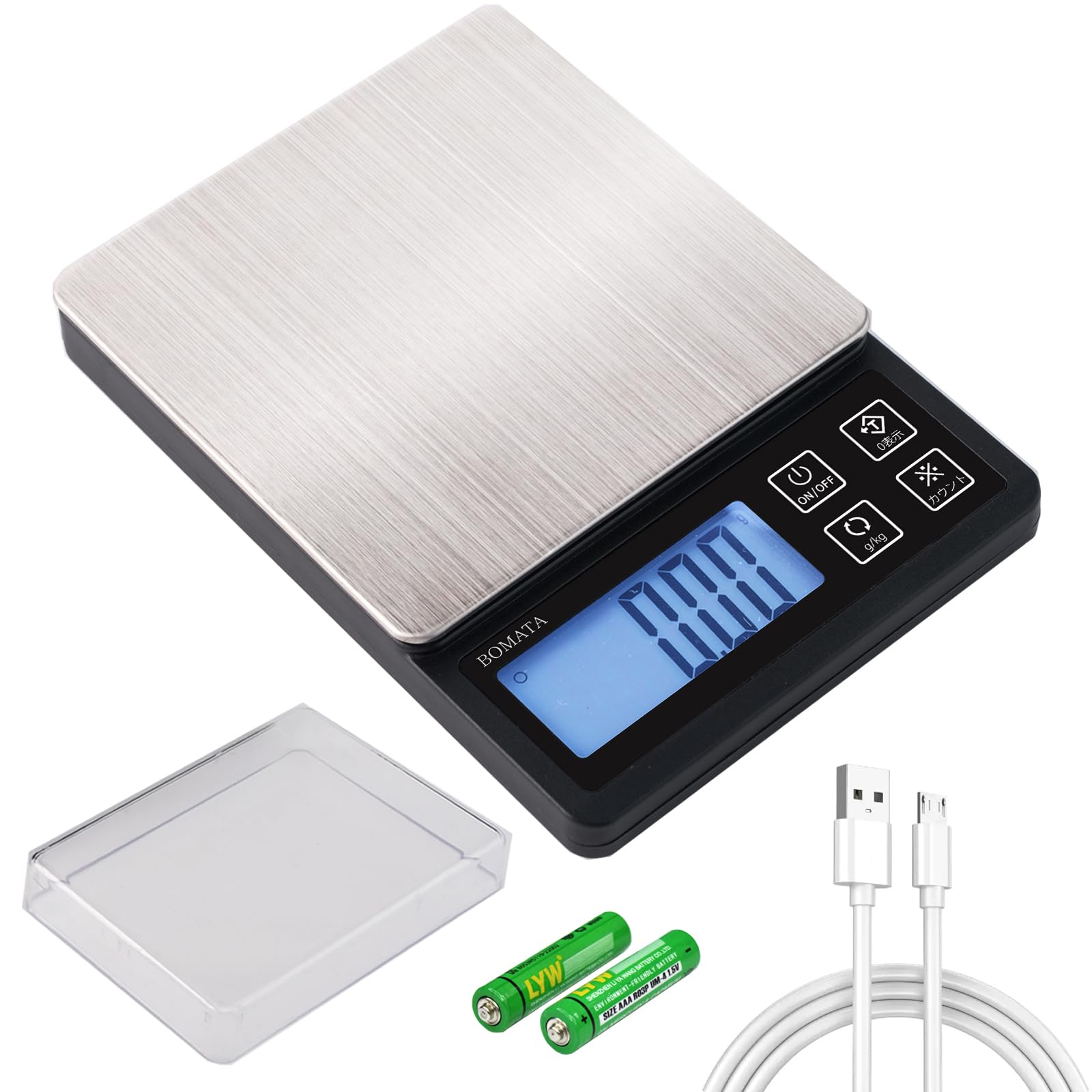 BOMATA B604C Digital Kitchen Scale, Precision 0.00035 oz (0.01 g), Max 21.2 oz (600 g), USB Rechargeable, Compact, Tare/Counting Functions, Stainless Steel, For Cooking, Sweets, Gems, Powder, Black