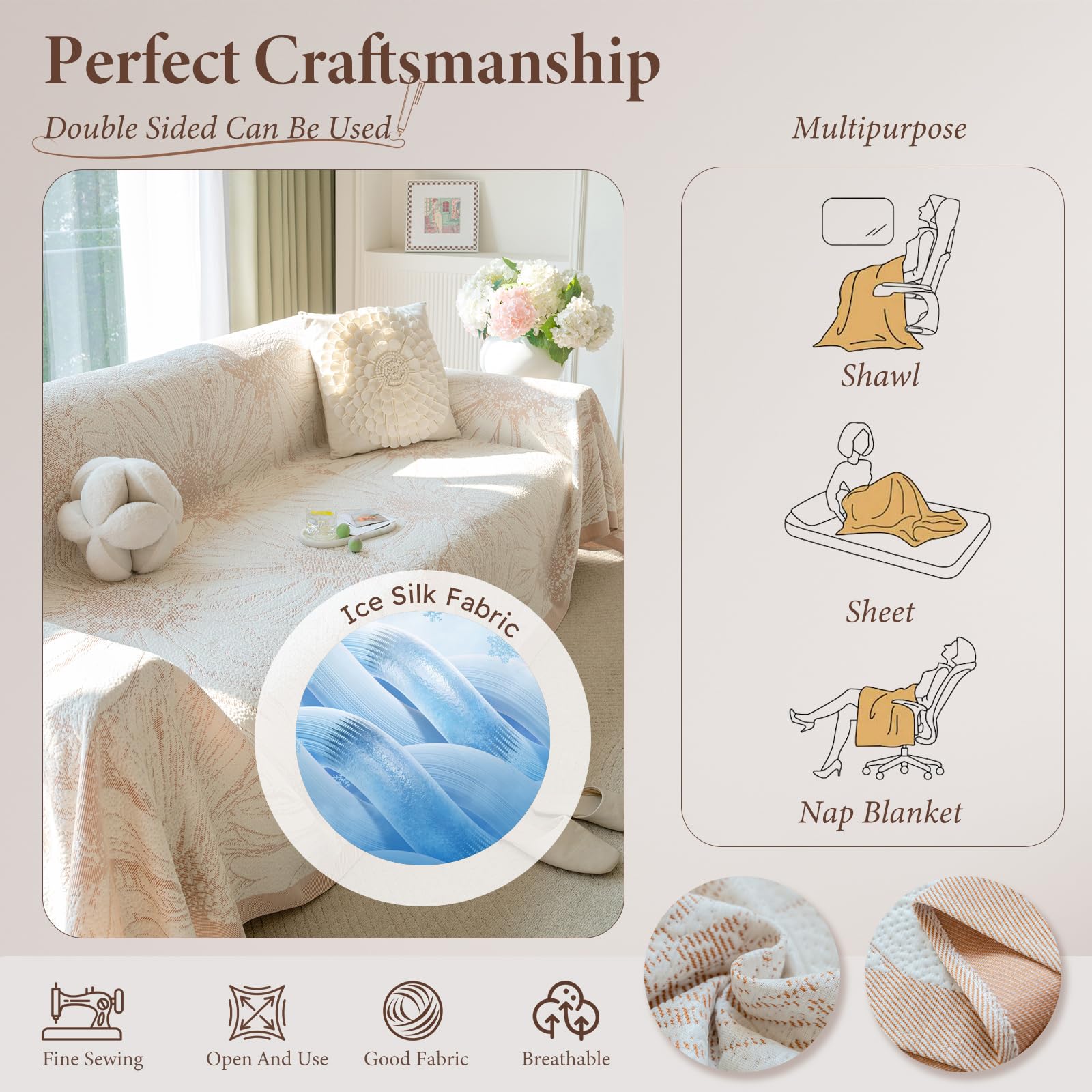 Manta Sofa Verano, Altamente Transpirable y Reversible, Refrescante Ideal para el Verano, Plaid Sofa, Resistente a Arañazos de Gatos, Multitalla para Sofá, Cama 180 * 130cm-Marrón