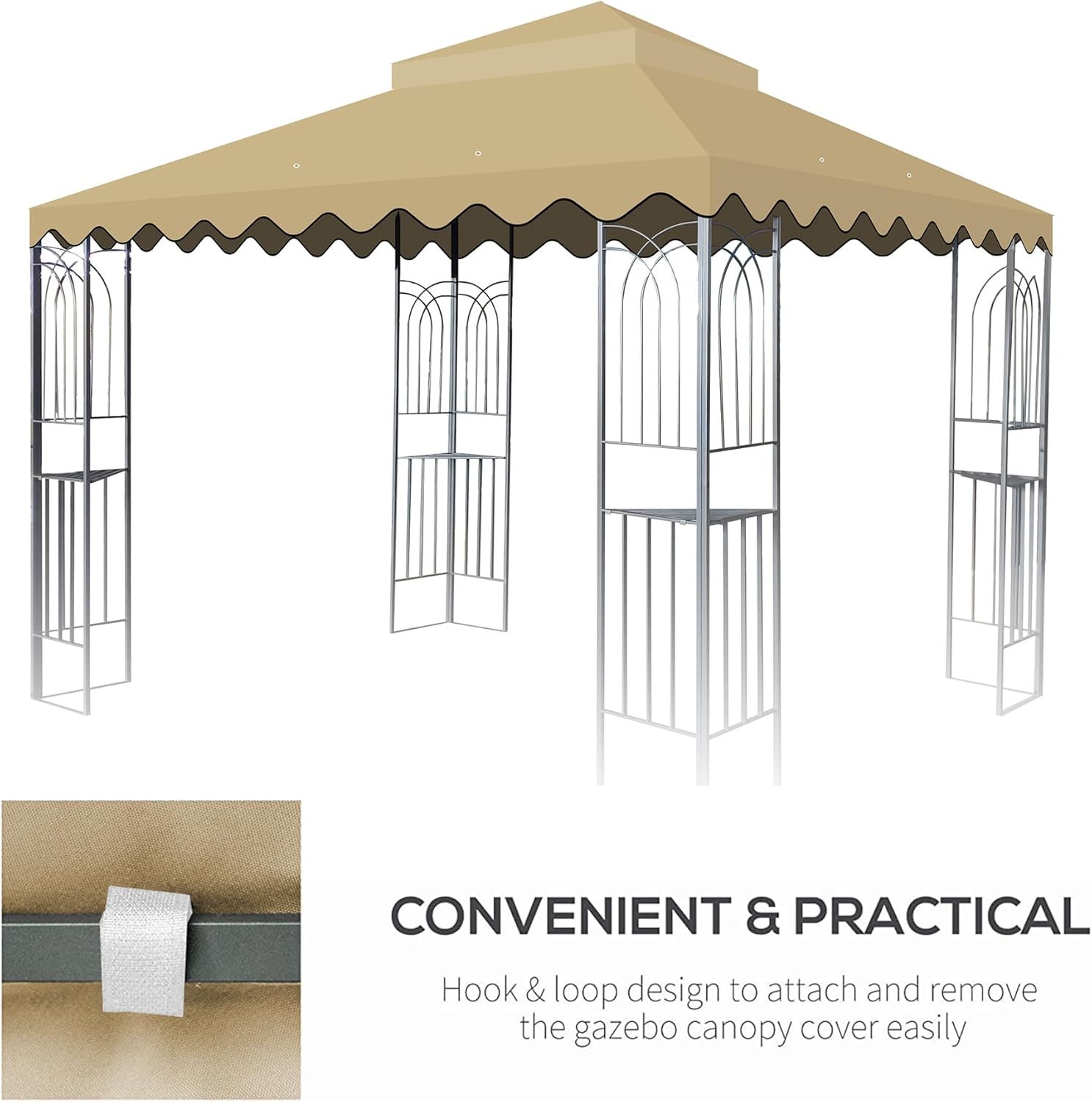 10x10 Ft Outdoor Patio Gazebo Replacement Canopy,Double Tiered Gazebo Tent Roof Top Cover Only wavy border(Frame Not Include) Tan