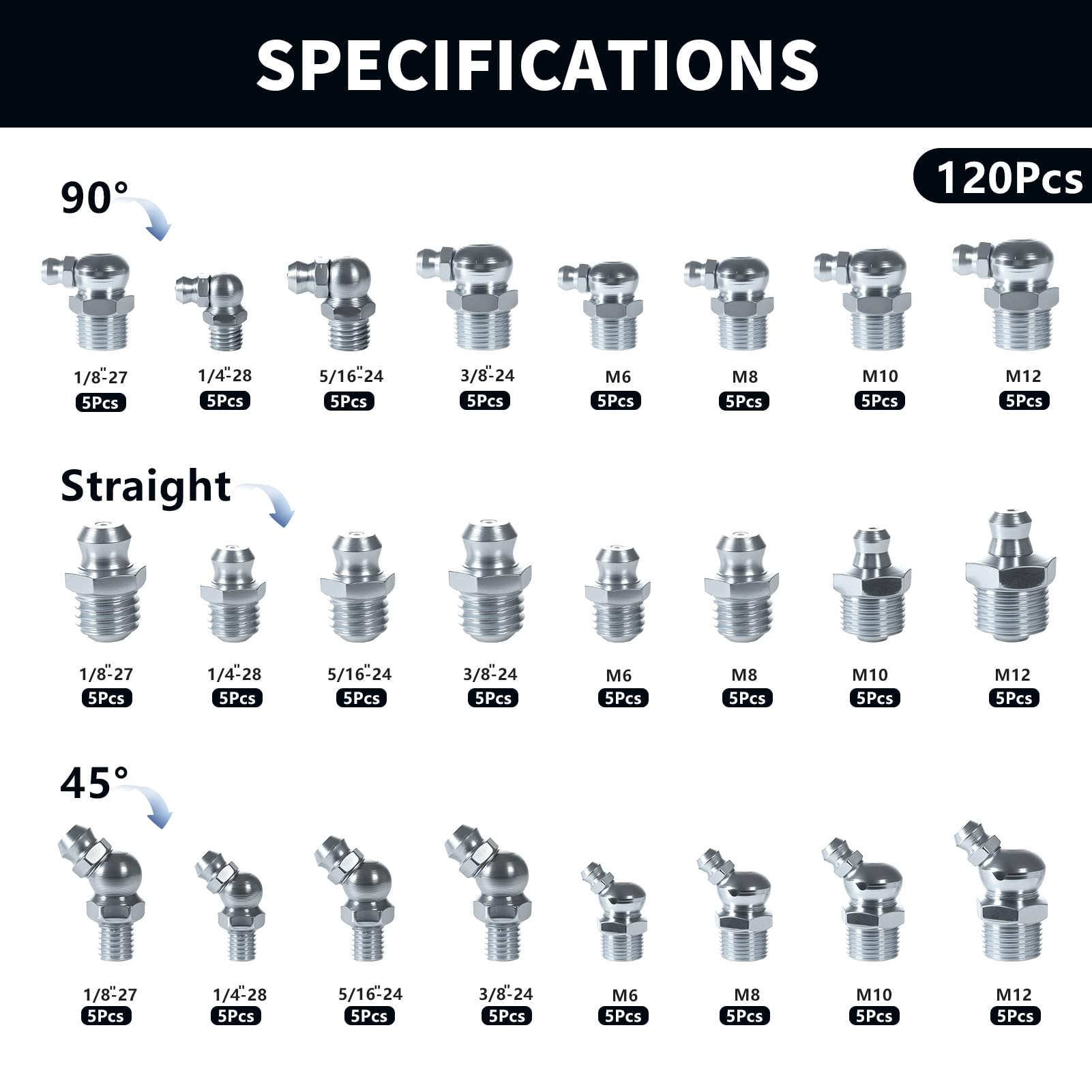 24Sizes Grease Fittings SAE Metric Grease Zerk Fitting Assortment Kit 1/4" 1/8" 5/16" 3/8" M6 M8 M10 M12 Straight 45 90 Degree Zerks Nipple - 3