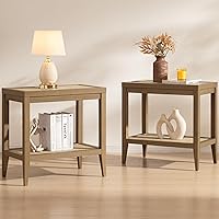 SICOTAS Boho Rattan Nightstands Set of 2 - Narrow Bedside End Tables with Storage Shelves for Small Space Bedroom Living Room