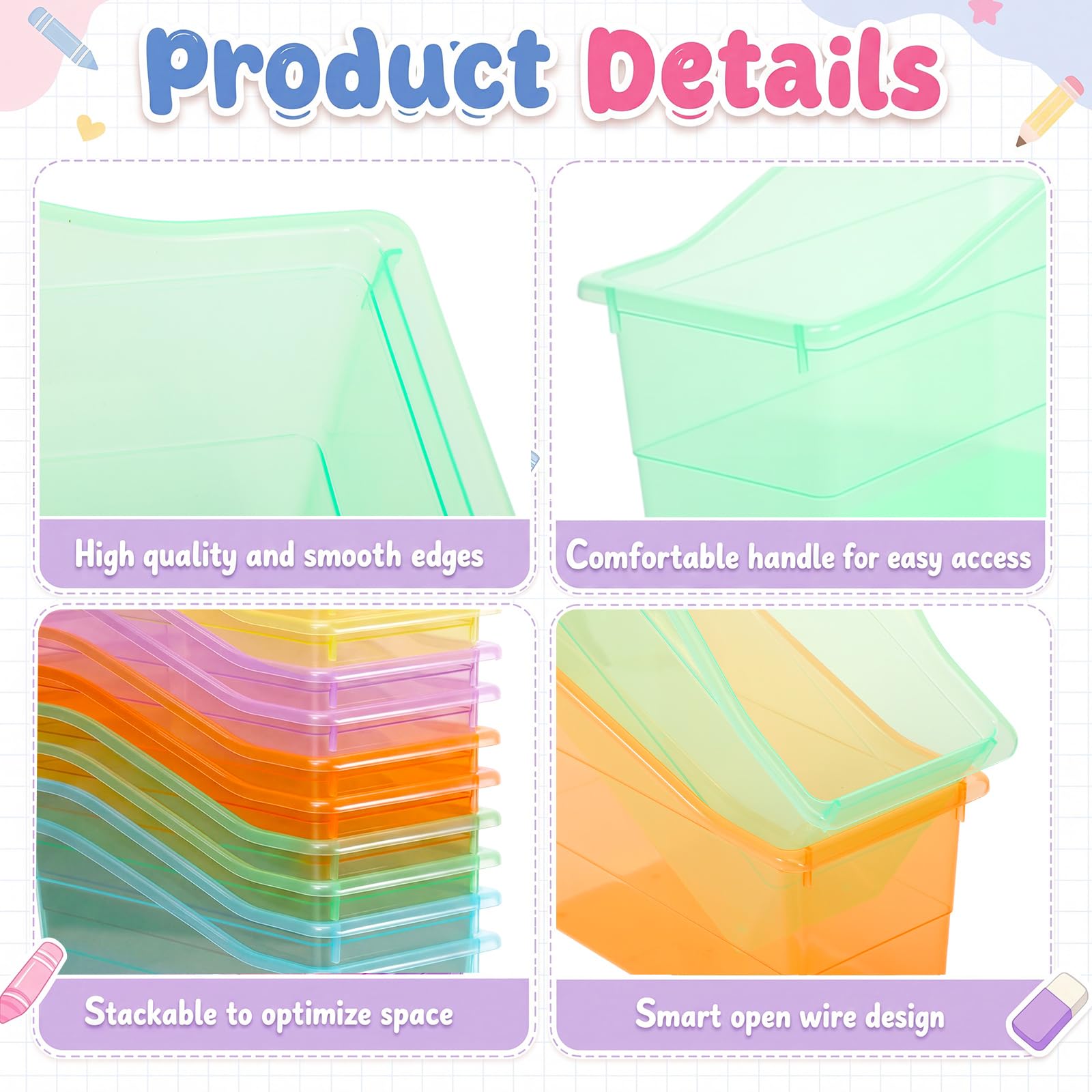 Blosssound Set di 12 contenitori per libri per aule con etichetta adesiva per libri, in plastica, impilabili, per riporre e organizzare in classe, biblioteca, casa, scuola (pastello traslucido)