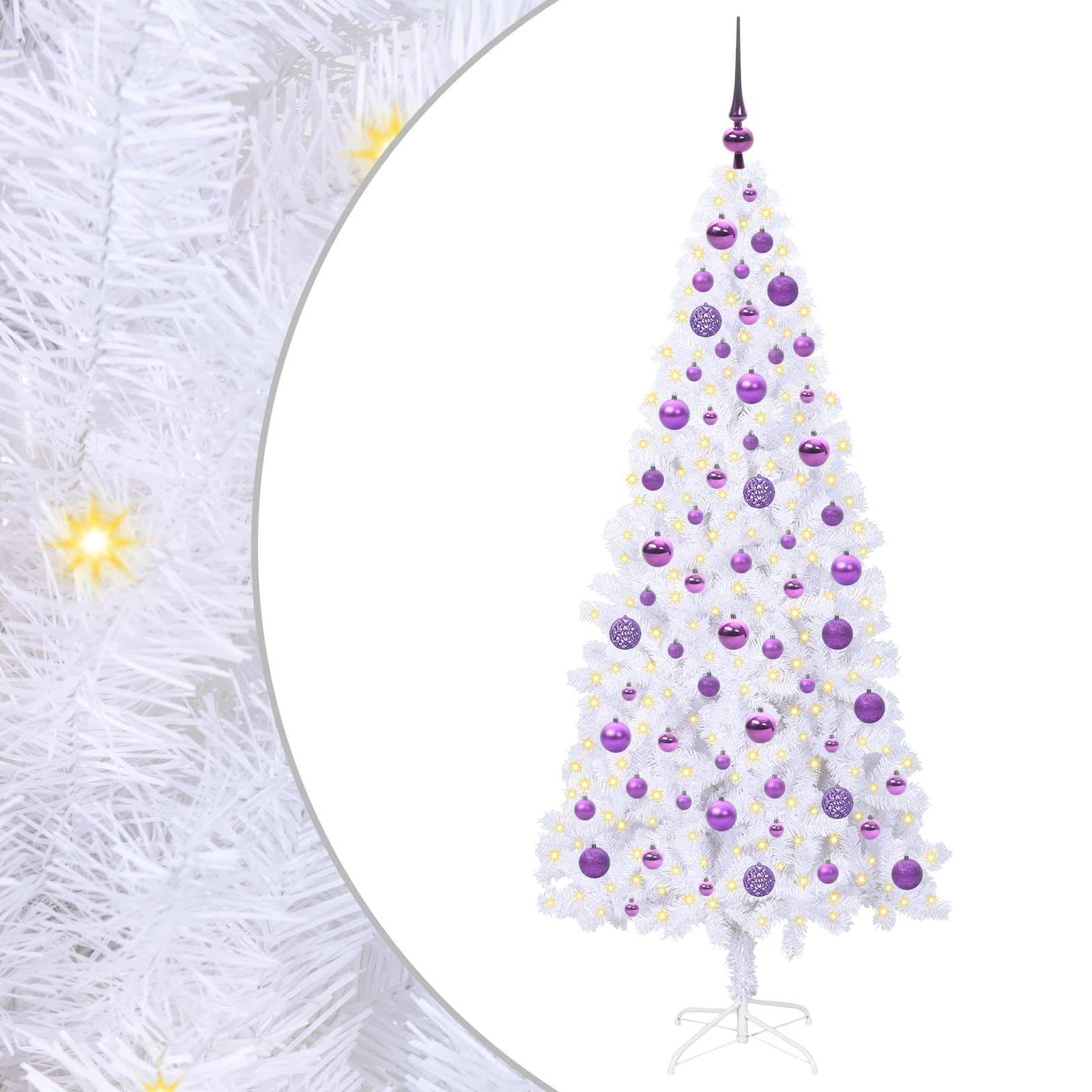 Albero di Natale artificiale bianco 180 cm, PVC & acciaio, 300 luci LED viola, 8 modalità, funzionamento USB, per interni ed esterni protetti, decorazione festiva
