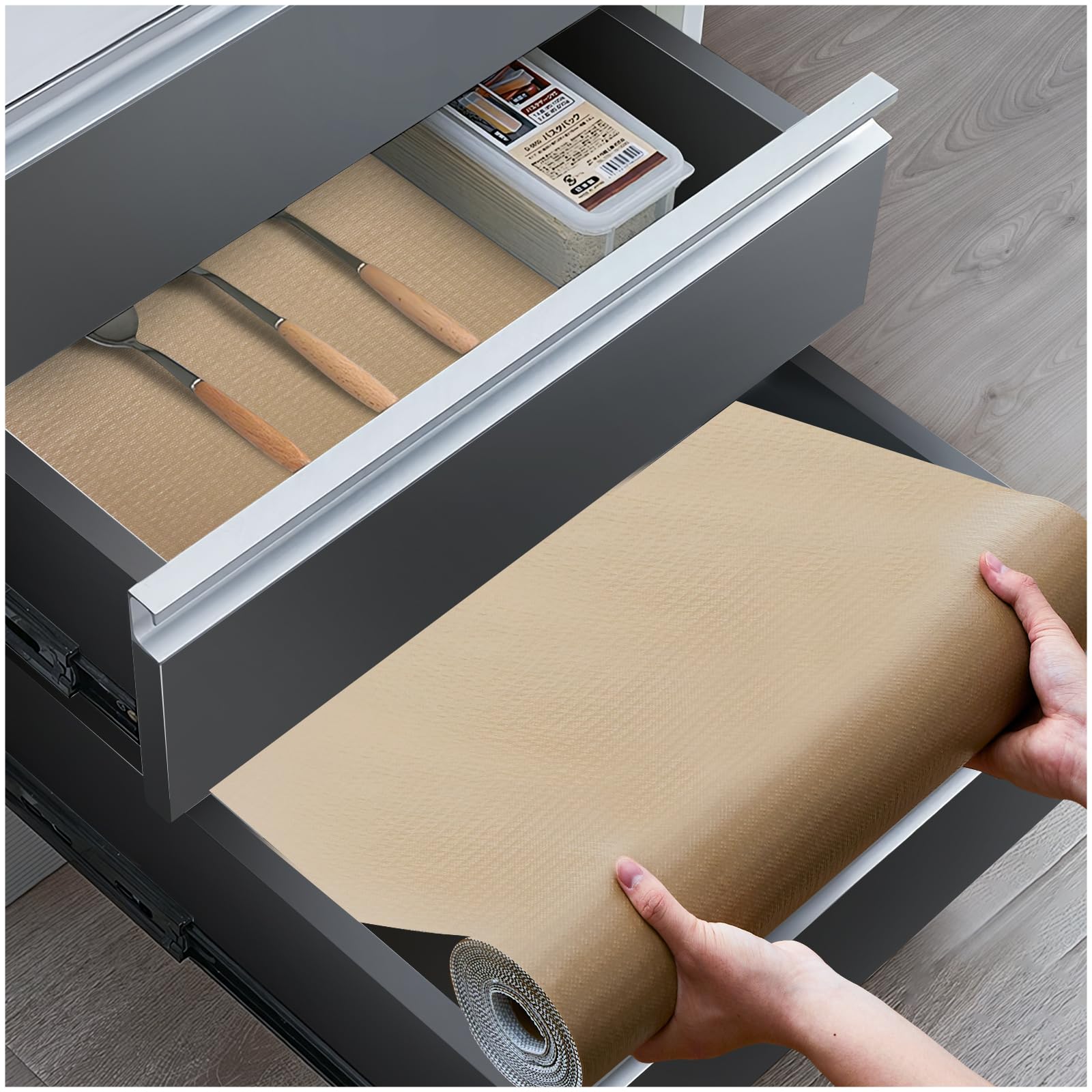 ALIUNI Drawer Liners Non-Adhesive, 30 x 300cm Non-Slip Shelf Liner for Kitchen Cupboards, Waterproof Oil-Proof BPA-Free Cabinet Mat for Fridge Pantry Bedroom Wardrobe Bathroom, Beige — image 1