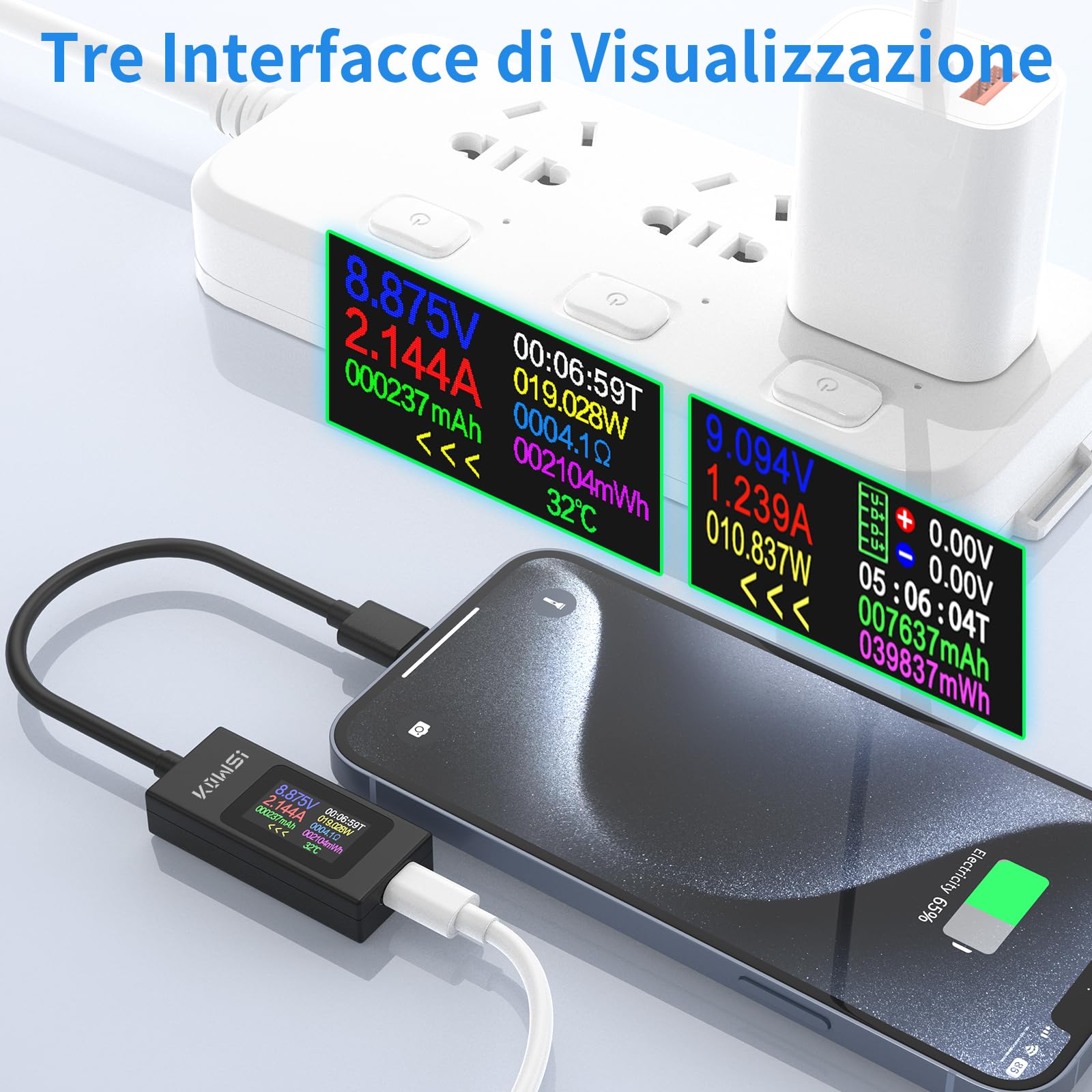 Tester USB Multimetro Digitale 4-30V 0-6.5A - Voltmetro Amperometro Per Caricabatterie, Display LCD