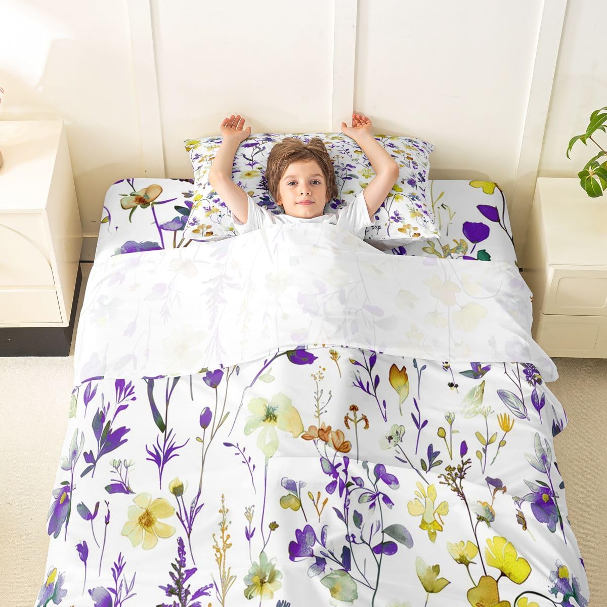 Erosebridal Boho Sheet Set Watercolor Floral Twin Sheets Set for Toddler Boys,Yellow Purple Rustic Flowers Plant Leaves Botanical Fitted Sheet