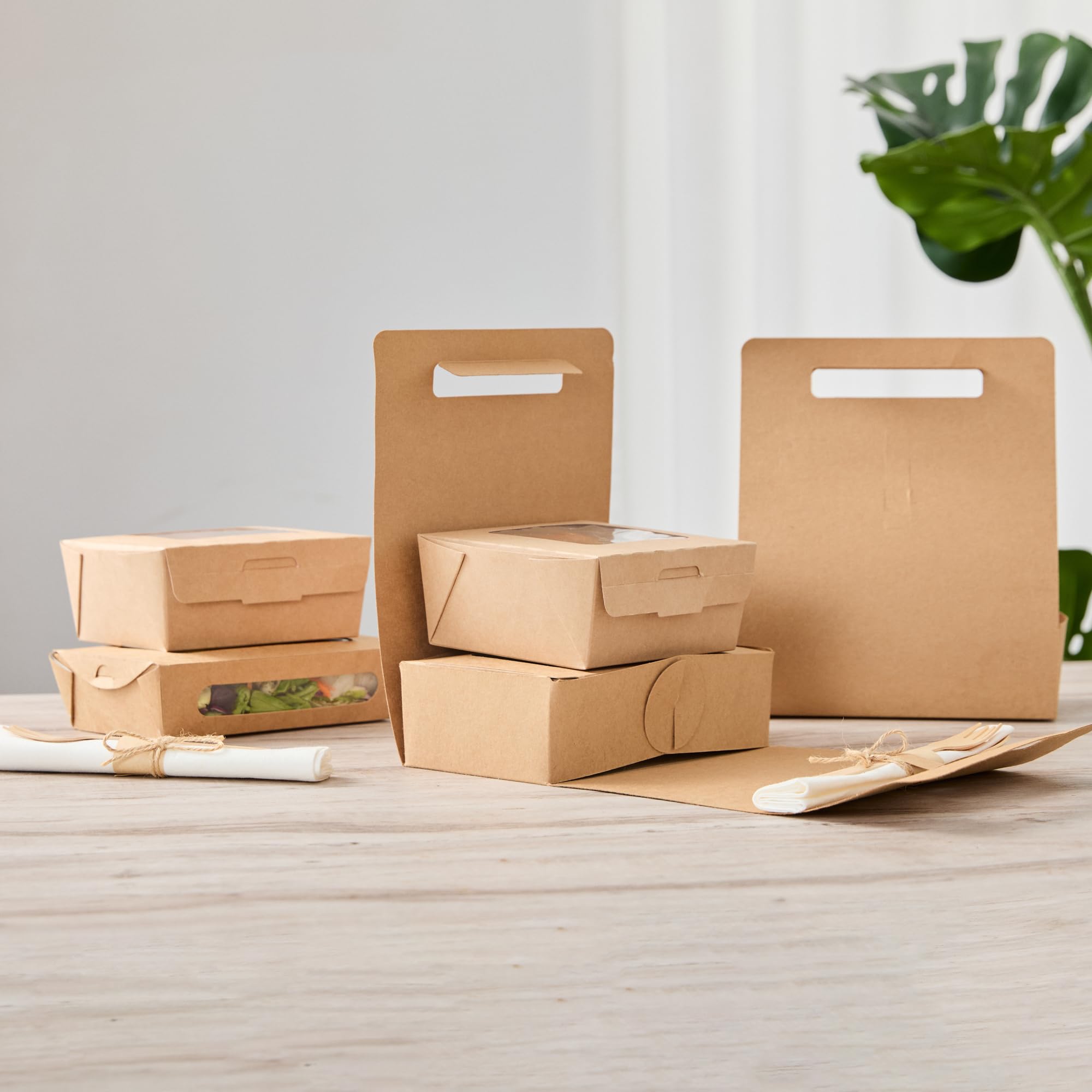 Restaurantware Bio Tek - Fiambreras de papel con asas, 100 recipientes desechables de papel kraft para alimentos, 21 x 10 x 20 cm, portavasos para utensilios de cocina, portadores de bebidas para