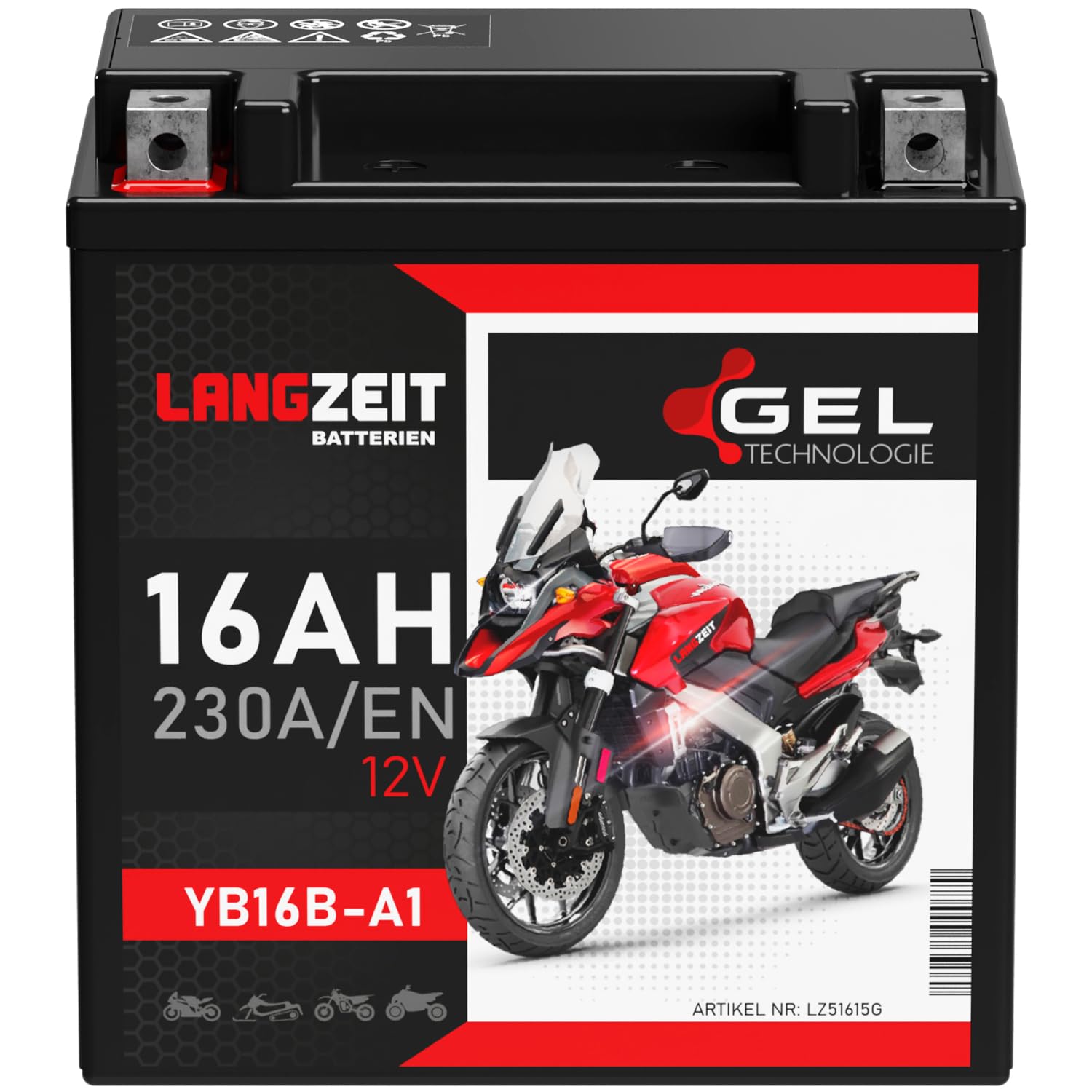LANGZEIT YB16B-A1 GEL Motorradbatterie 12V 16Ah 230A/EN Gel Batterie 51615