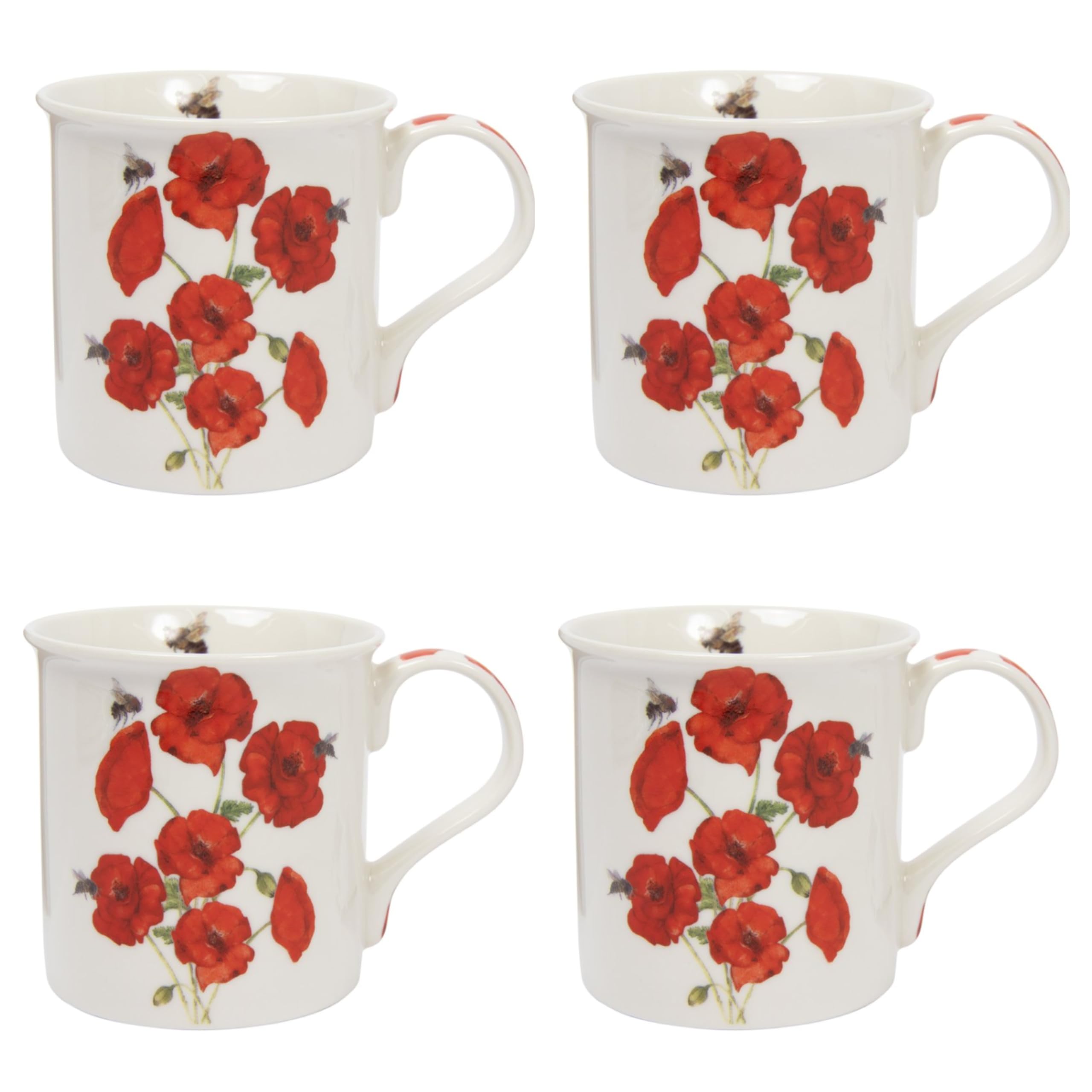Poppy & Bee Fine China Mugs Set of 4, 300ml Floral Tea & Coffee Cups