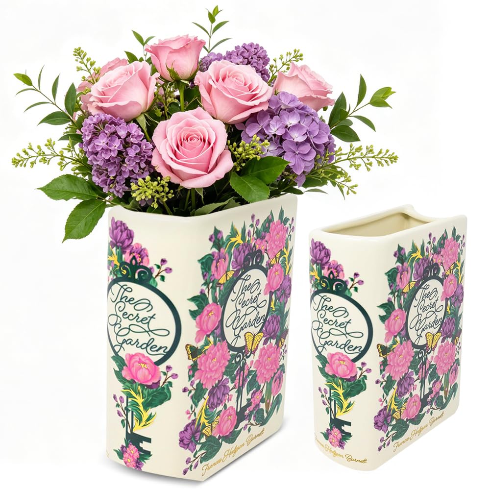 RNPKZ Ceramic Book Vase for Flower, Small Book Shaped Decorative Vase, Aesthetic BookFlower Vases, Vintage Unique BookShaped Vases for Bookshelf Dcor Home Books Lovers Gifts (The Secret Garden, White)