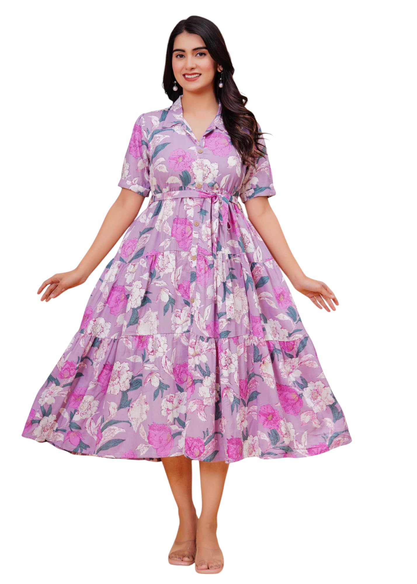 Jikonet Women's Western Dress Floral Printed Cotton Maxi Dress, (Large, Pink)