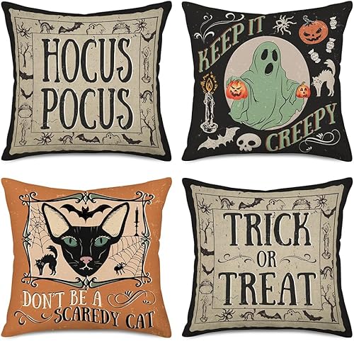 Juego de 4 fundas de almohada de Halloween de 24 x 24 pulgadas, decoración vintage de Halloween, fantasma, gato negro, truco o trato, decoración del