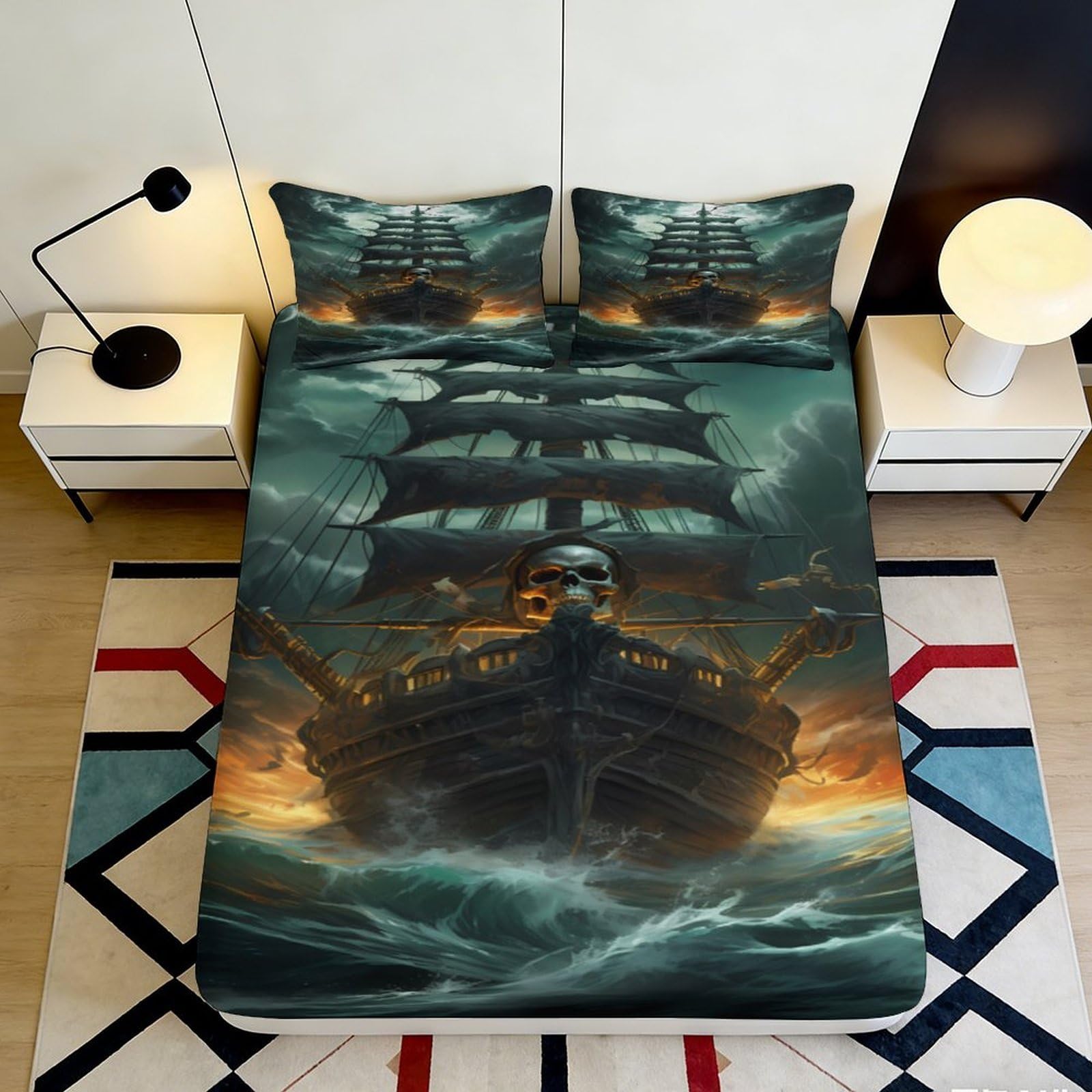 3D Printed Pirate Ship Fitted Sheet Microfiber Durable 3D Printed Skull Ship Mattress Cover for Bedroom Dormitory Guest Room Protection Decor 120x200x25cm