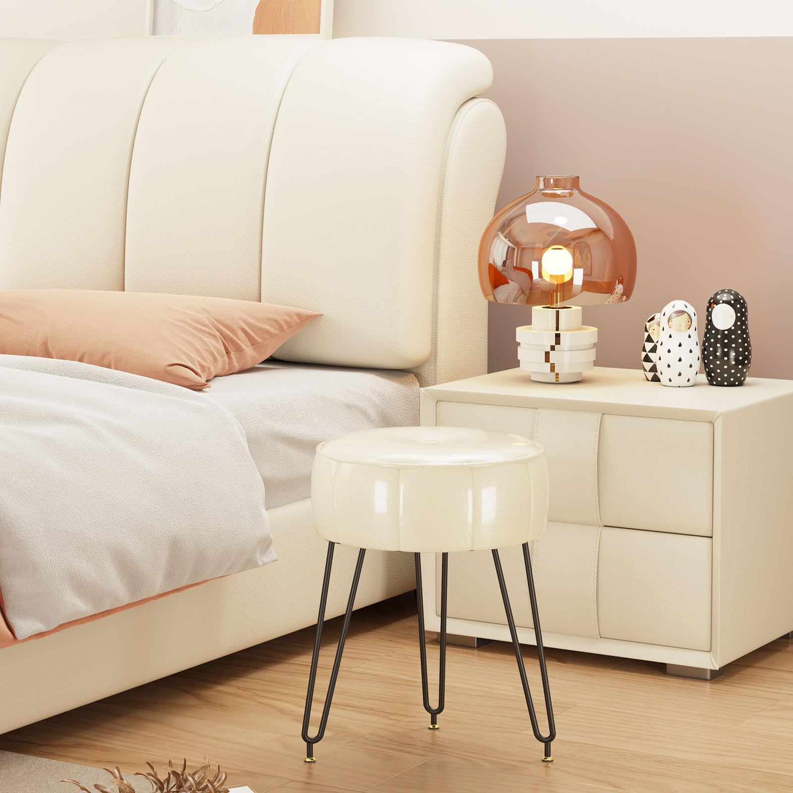 YMYNY Pumpkin-Shaped Makeup Stool – Faux Leather Pouf Ottoman, Holds 330 Lbs, Easy Assembly, For Bedroom & Living Room