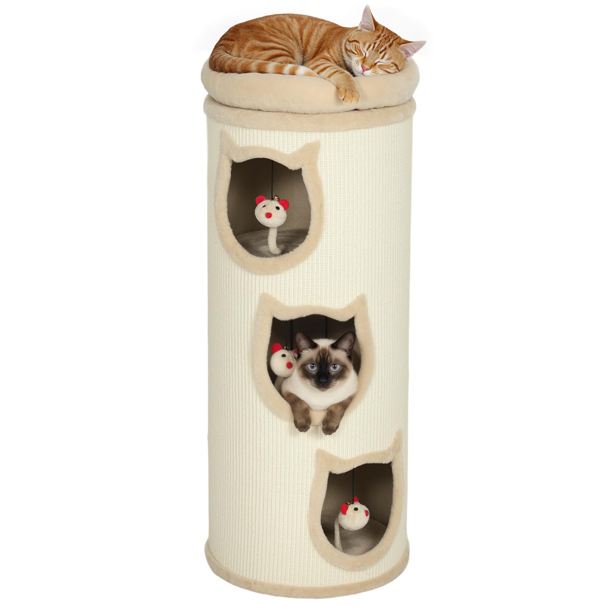 PawHut Kratztonne 96 cm Hoch Ø 38 cm vierstöckige Katzentonne mit Plüschrand, abnehmbarem und waschbarem Plüschbett, Katzenhöhle, Kratzbaum für Katzen unter 6 kg