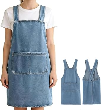 Adult Jour Apron, Lightweight Cotton Apron with Front Pocket, Denim Cross Back Aprons, Durable & Stain-Resistant