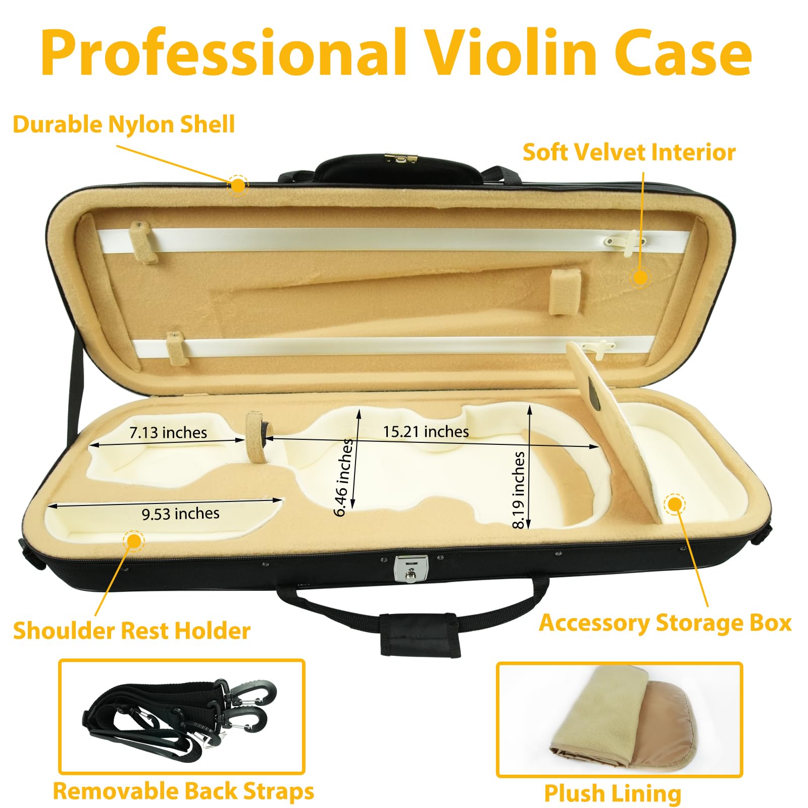 4/4 Violinenkoffer in voller Größe, leichte tragbare Tragetasche, länglicher, professioneller Hartschalenkoffer mit integriertem Hygrometer, Schultergurten, Plüschfutter für Schüler und