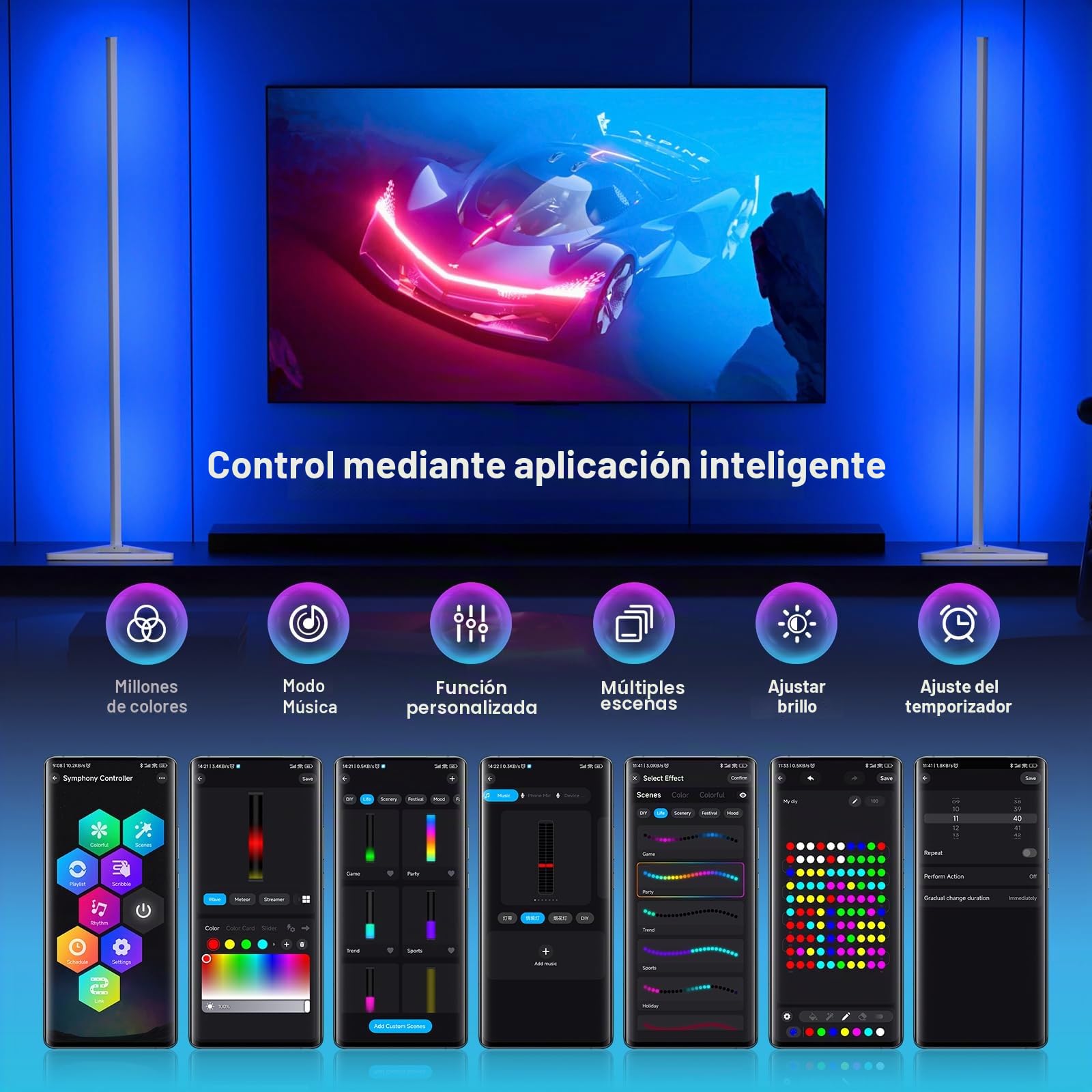 Lámpara de pie de esquina blanca, lámpara de esquina LED RGB inteligente con aplicación y control remoto, 16 millones de colores y más de 68 escenas, sincronización de música, ajuste de