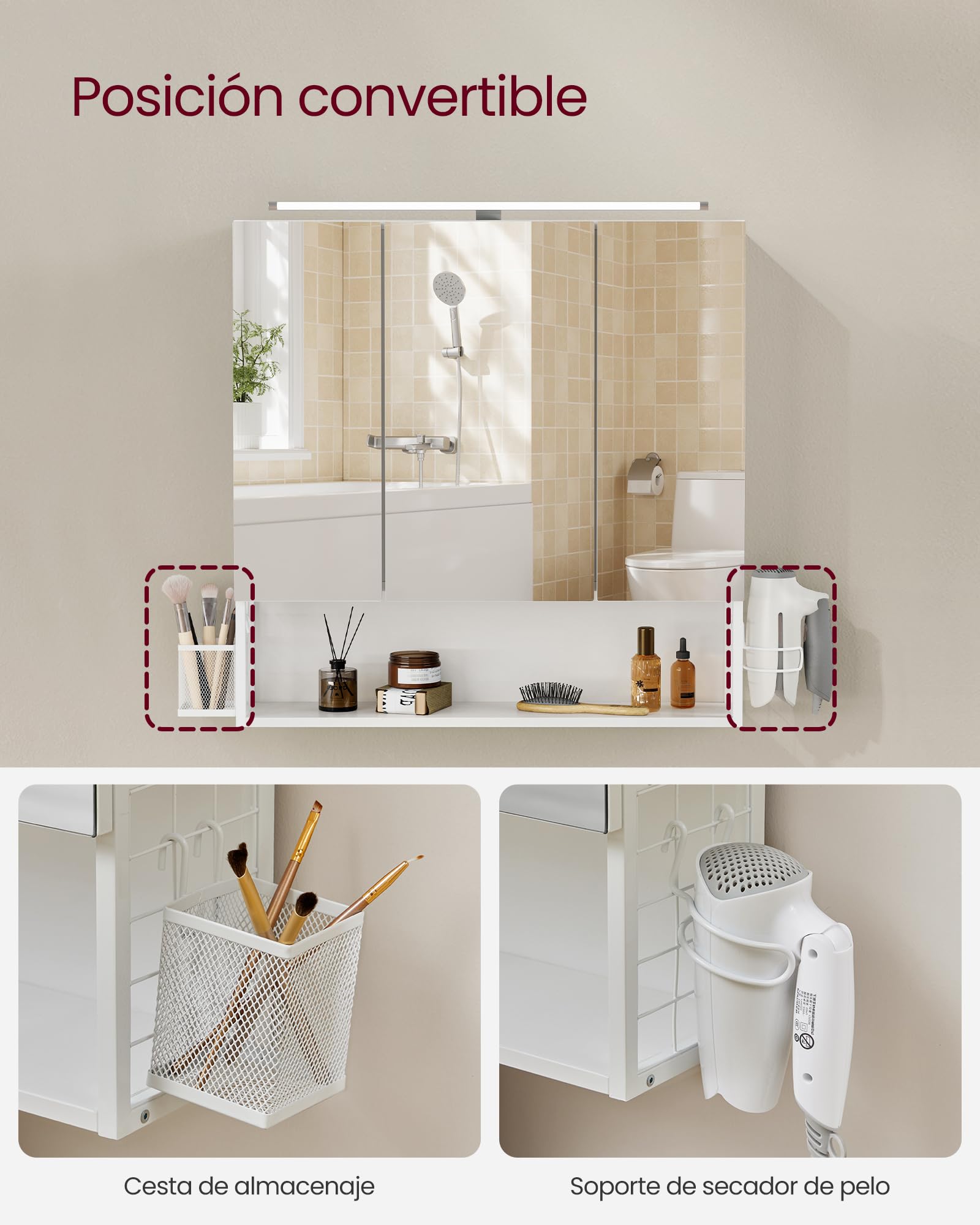 VASAGLE Armario de Baño con Iluminación LED, 14,5 x 70 x 70 cm, Espejo 3 Puertas, Mueble de Pared con Espejo, Enchufe, Cesta, Soporte para Secador, Blanco Nube BBK124W14