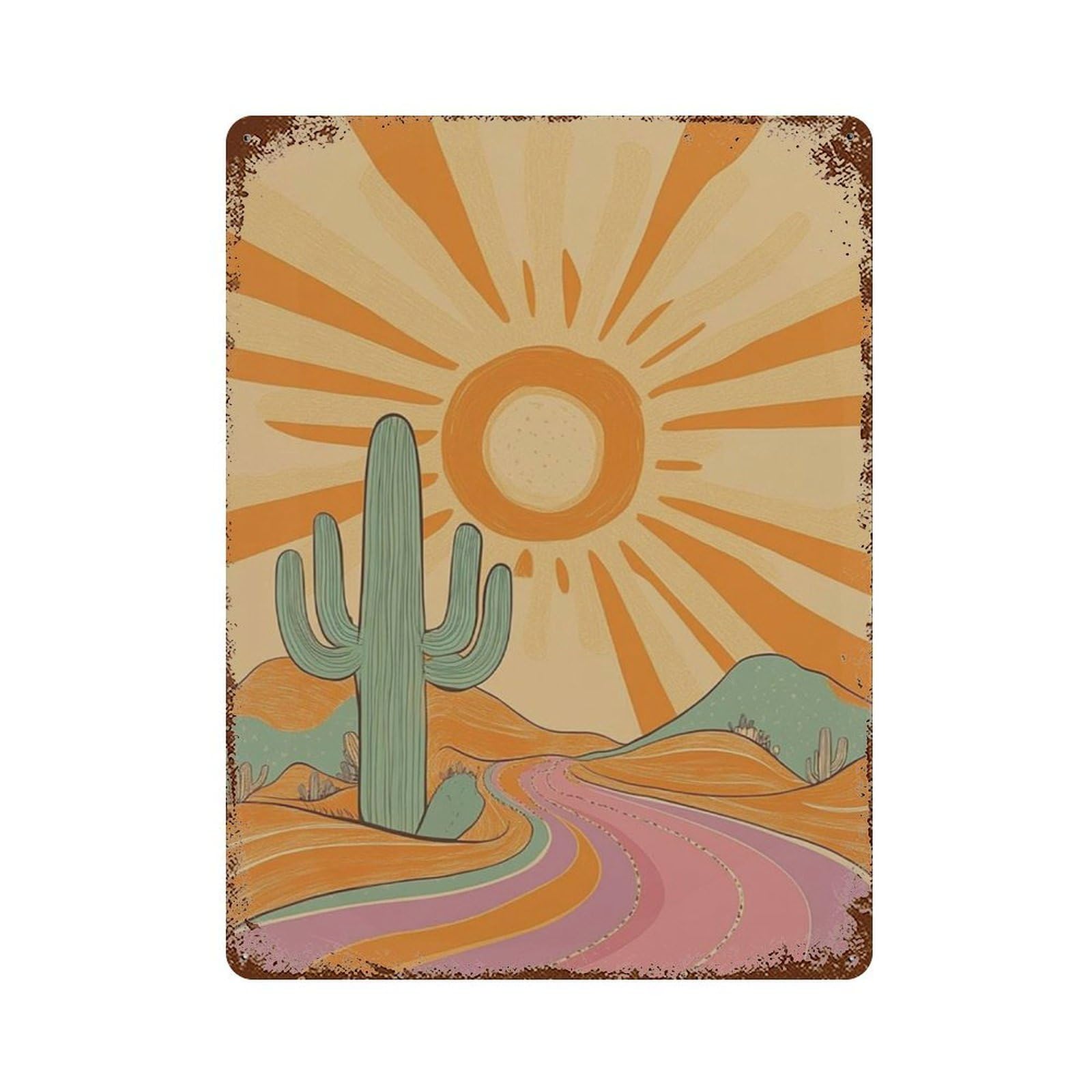 xiaoxiaoshen Desert Cactus Sunset Southwestern Landscape Retro Sunburst Nature Wall Decor Art Metal Tin Poster Modern Home Decor Art Home Bar Shop Decorations Vintage Sign 40x30cm