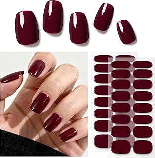 Burgundy Semi Cured Gel Nail Strips, 32 Pcs Long Lasting Gel Nail Wraps Stickers for Fall/Winter, UV Light Required, Easy Apply and Remove with Tools