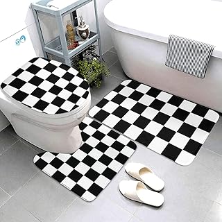 Black White Checkered 3 Piece Bathroom Rugs Set, Bath Mat + Contour Mat ...
