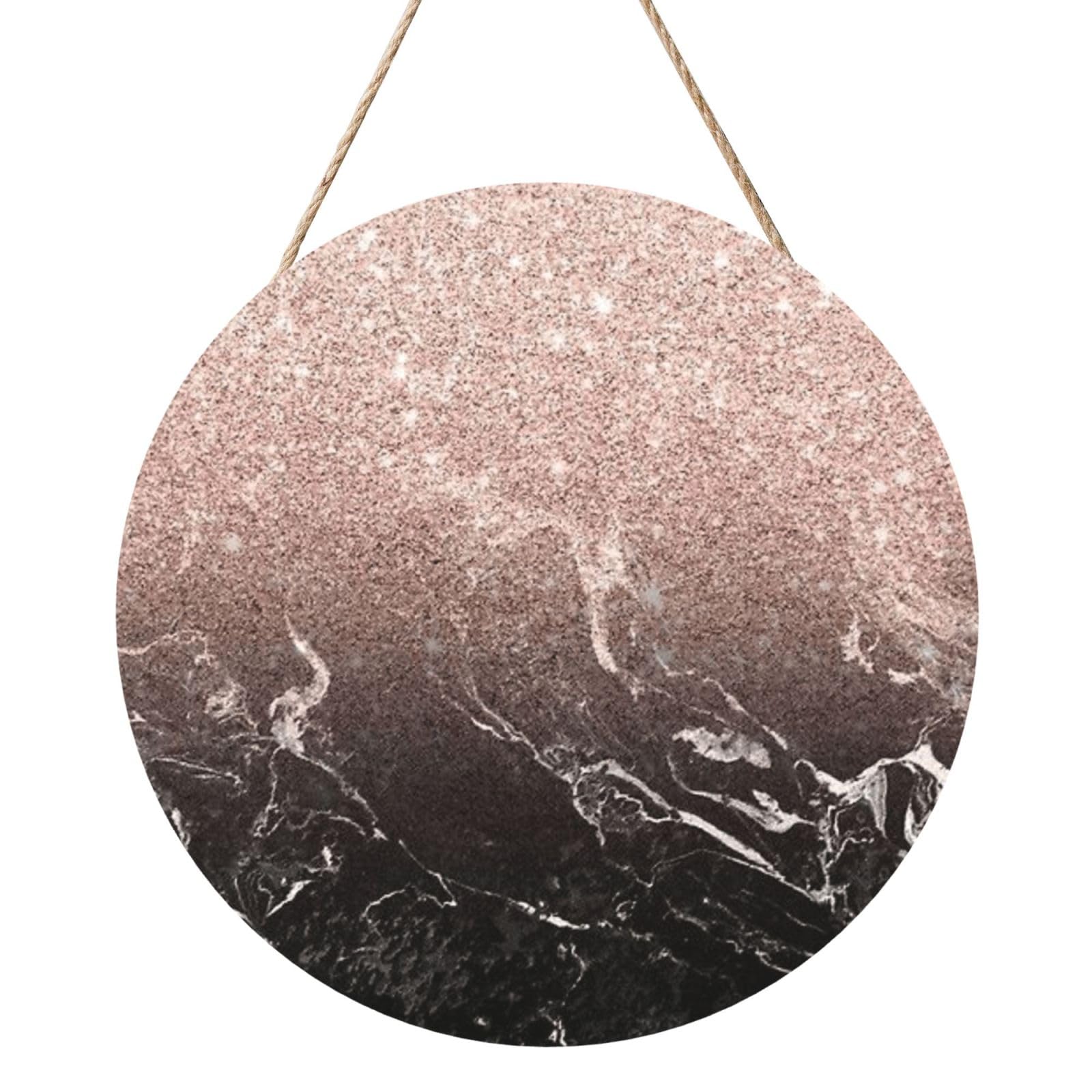 InOmak Modern Rose Gold Black Marble Pink Glitter, Round Wood Panel Painting 12 in, Wall Hanging Painting For Home