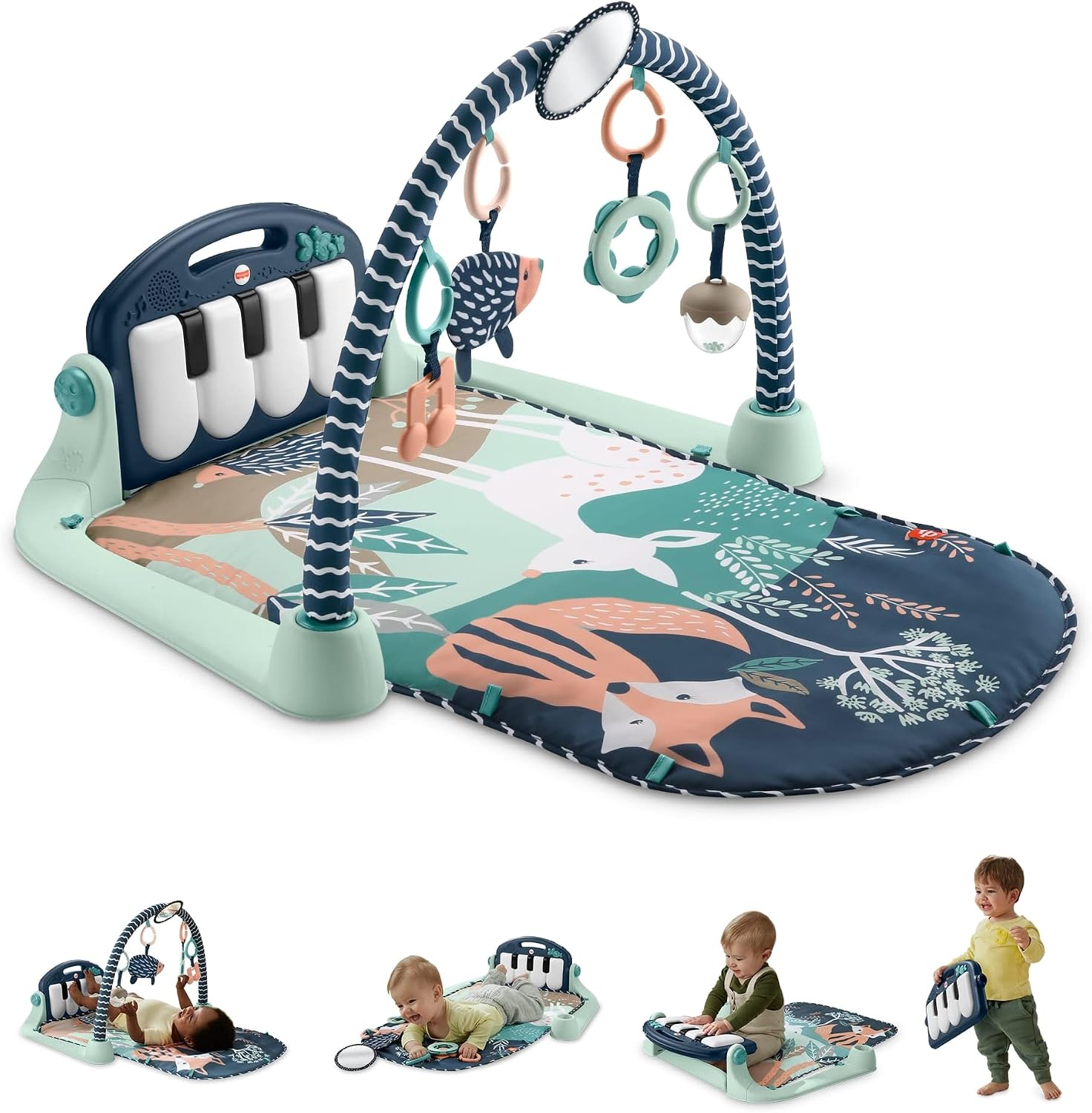 Fisher-Price Tapis d’éveil pour bébé Tapis Piano avec Jouets musicaux et sensoriels, de Nouveau-né à Jeune Enfant, thème Animaux de la forêt, JMN75