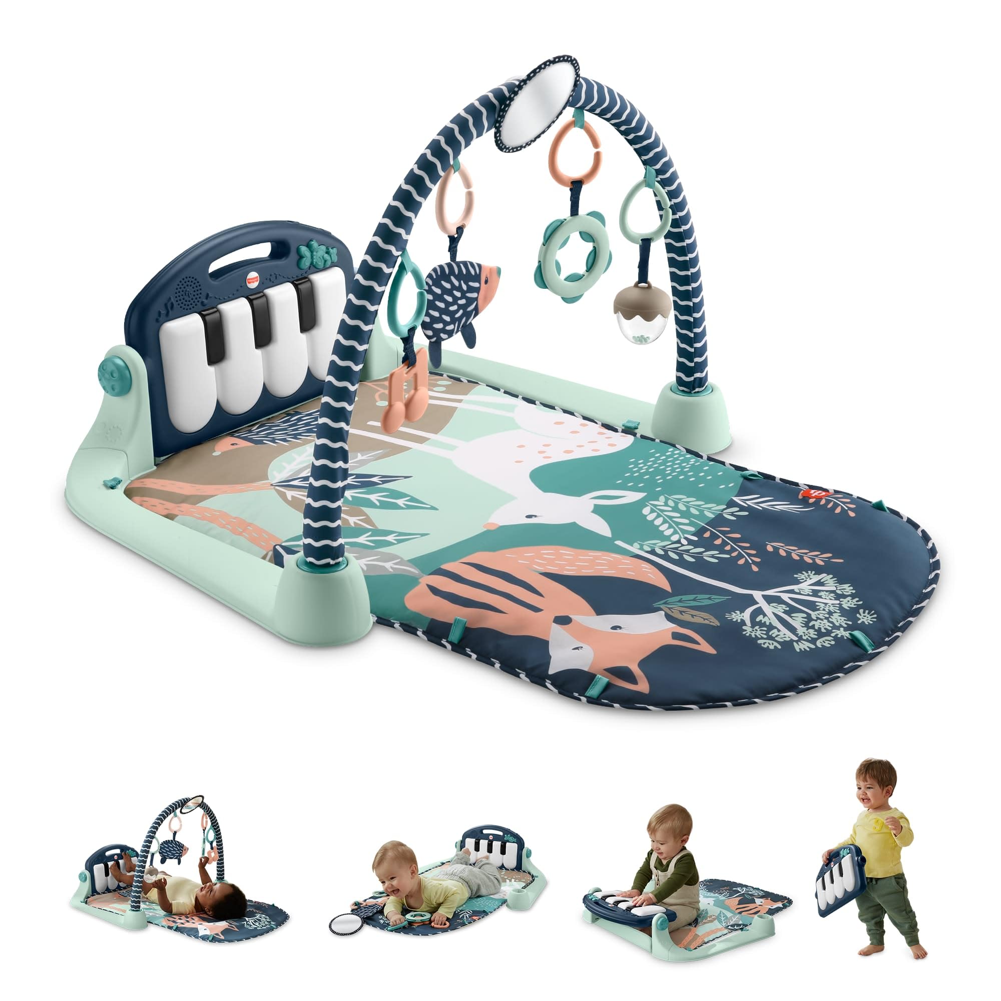 Fisher-Price - Palestrina Baby Piano Blu, Tappetino Pianoforte con 5 Giocattoli sensoriali posizionabili sull'arco per Il Gioco da sdraiati e specchietto Incluso, 0+ Mesi, JMN75