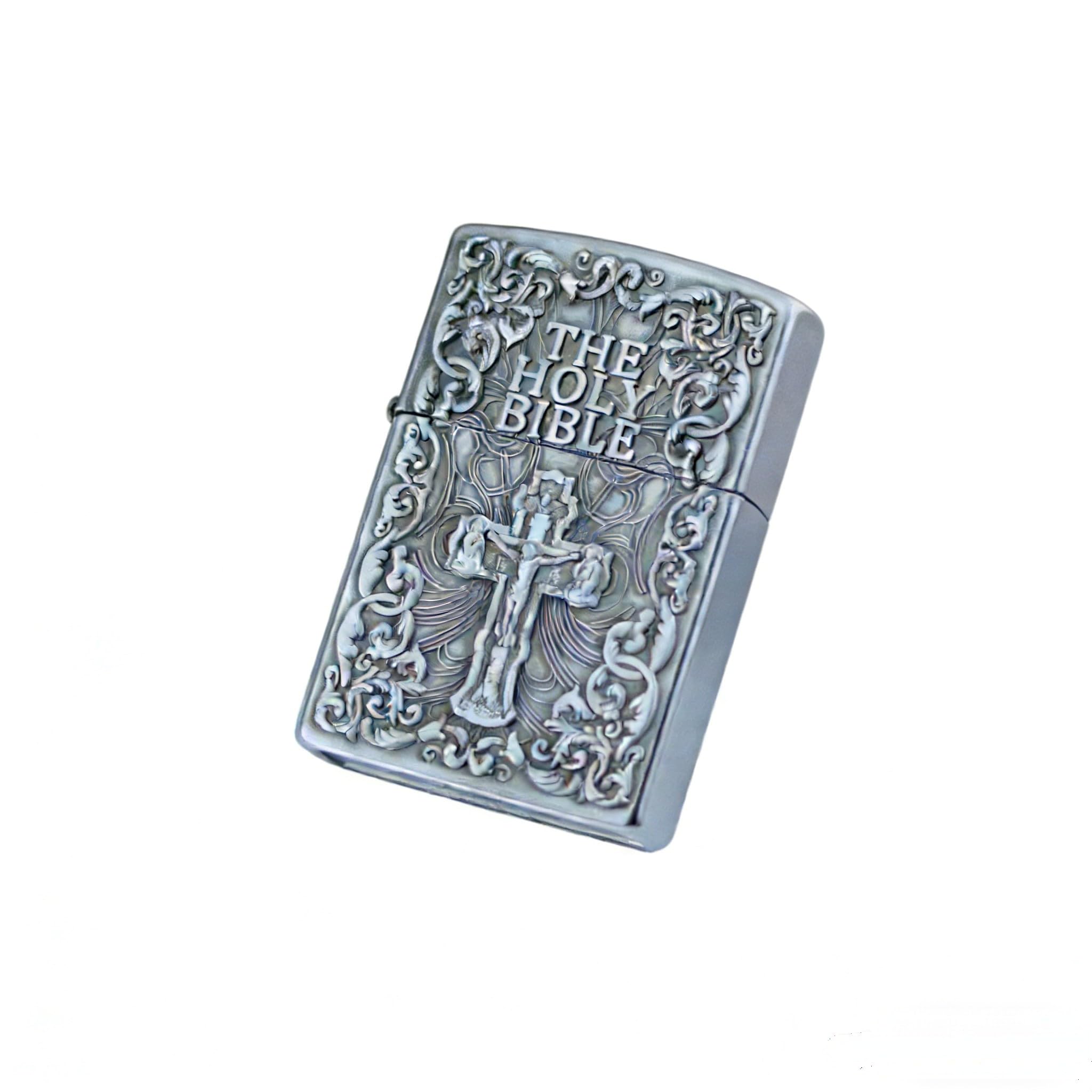Bible Cross Carved Vintage Butane Lighter Refillable Retro Engraved Windproof Butane Lighter for Everyday Carry ﻿ (Sliver)