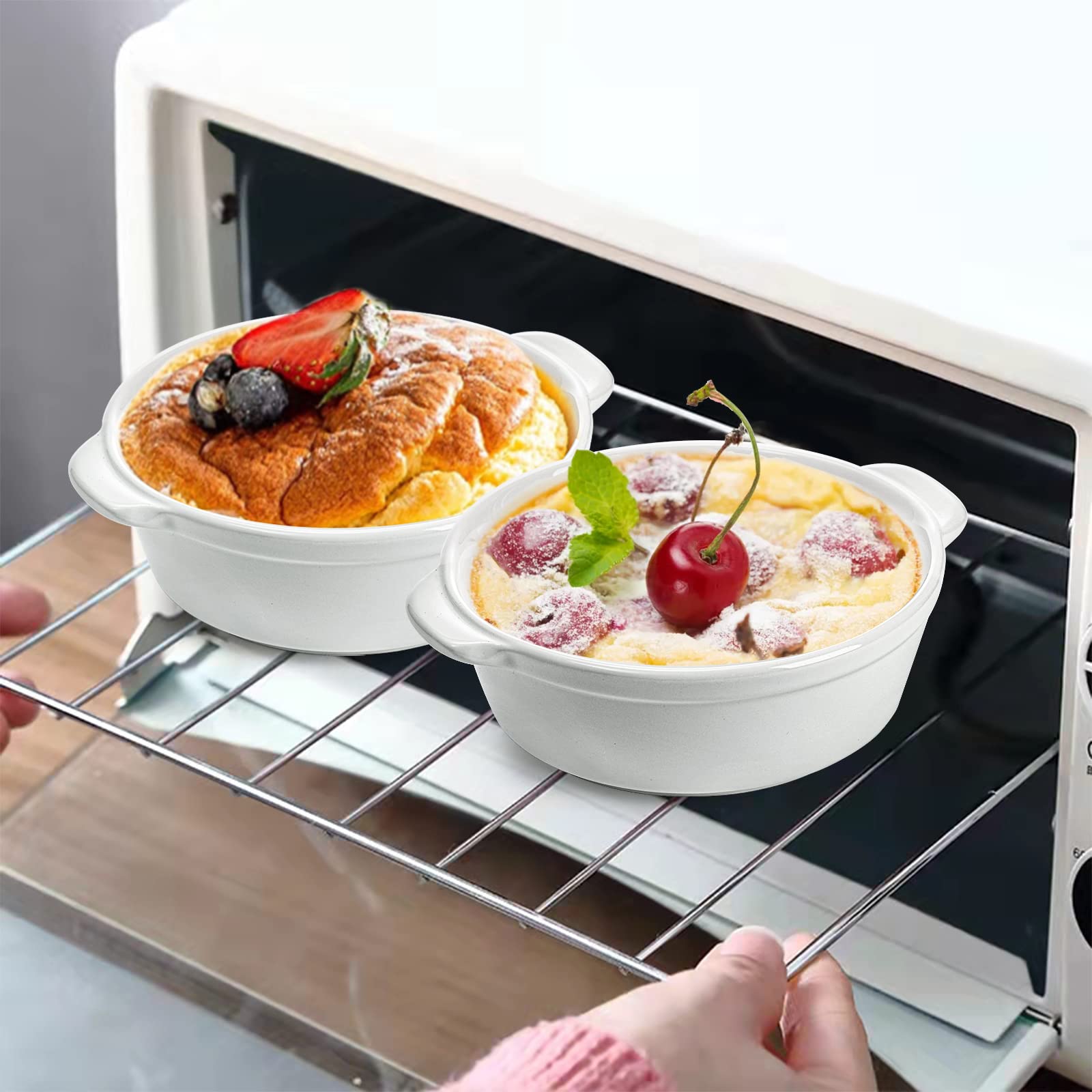 Foraineam Paquete de 6 platos de porcelana de 10 onzas con doble asa redonda Ramekins para hornear pudín, crema brulee, soufflé