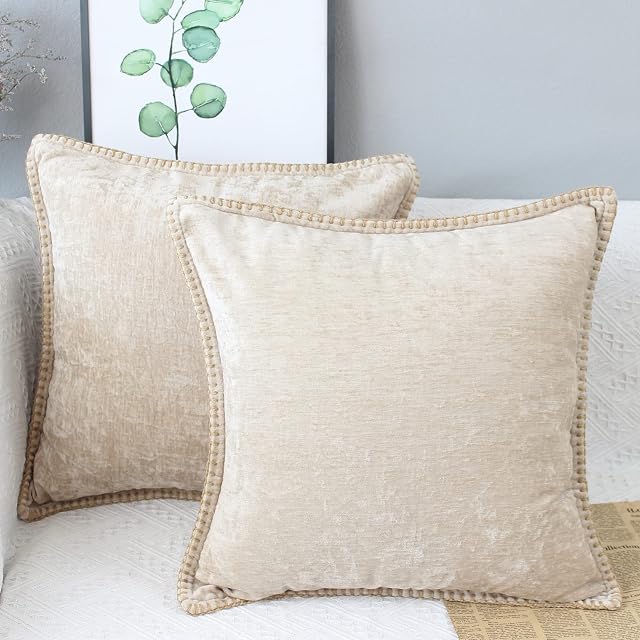 OYIMUA Soft Chenille Beige Cushion Covers 45 x 45 Set of 2,Farmhouse Decorative Trimmed Edge Pillowcase Natural Cushion Covers 18x18 Outdoor