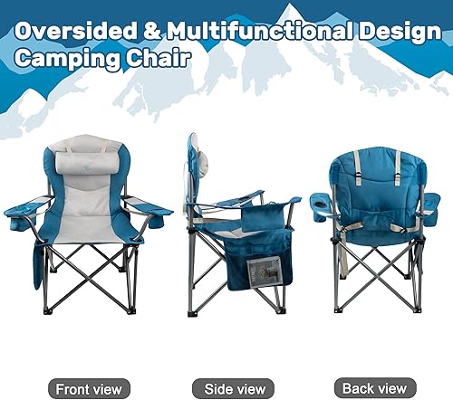 Miniatura 7 de Silla de camping extra gruesa de gran tamaño con doble acolchado, silla de playa plegable para adultos con soporte lumbar y reposacabezas, silla de