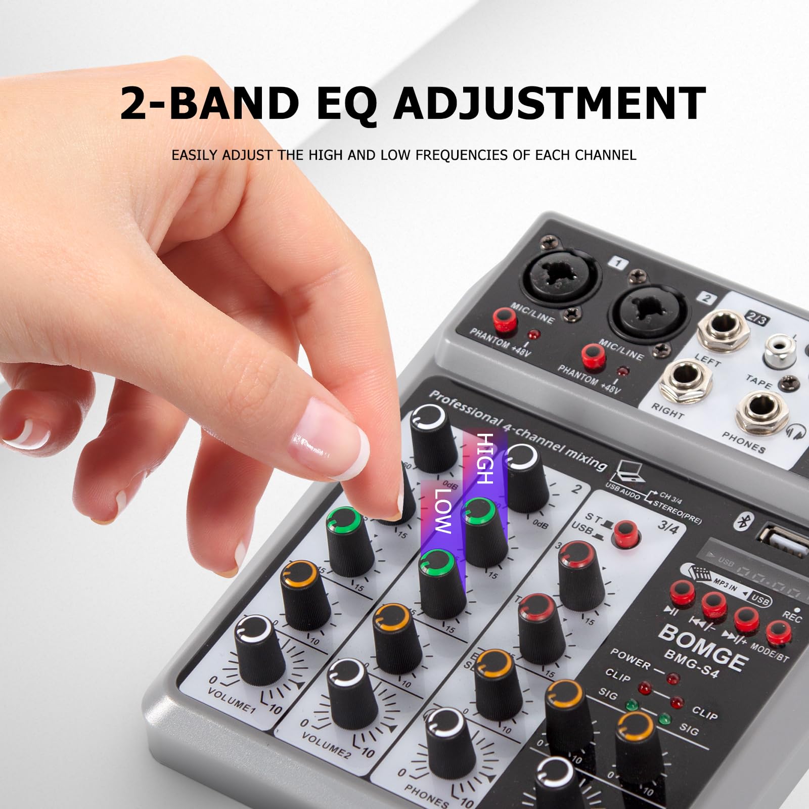 BOMGE Professional Audio Mixer, Sound Board Mixing Console with 4 Channel Digital USB Bluetooth Echo Delay Effect, Input 48V Phantom Power Stereo DJ Mixers for Recording, Live Streaming, Podcasting