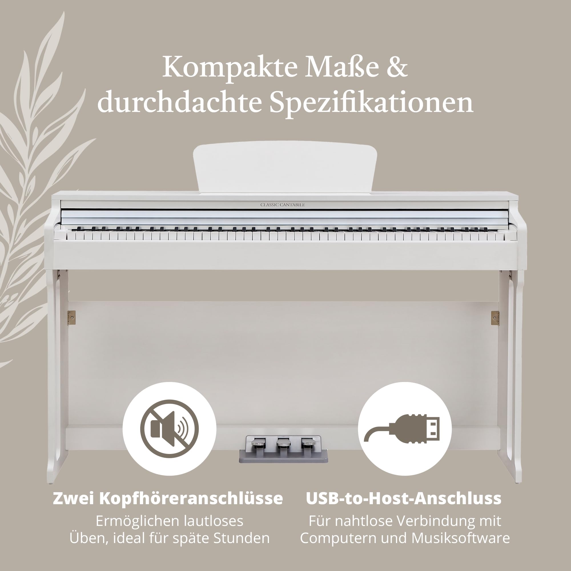 Classic Cantabile DP-220 WM E-Piano Blanco mate Set, Polifonía de 64 notas | 88 teclas ponderadas con mecanismo de martillo, Sensibilidad al tacto ajustable en 5 niveles, 10 canciones demo internas
