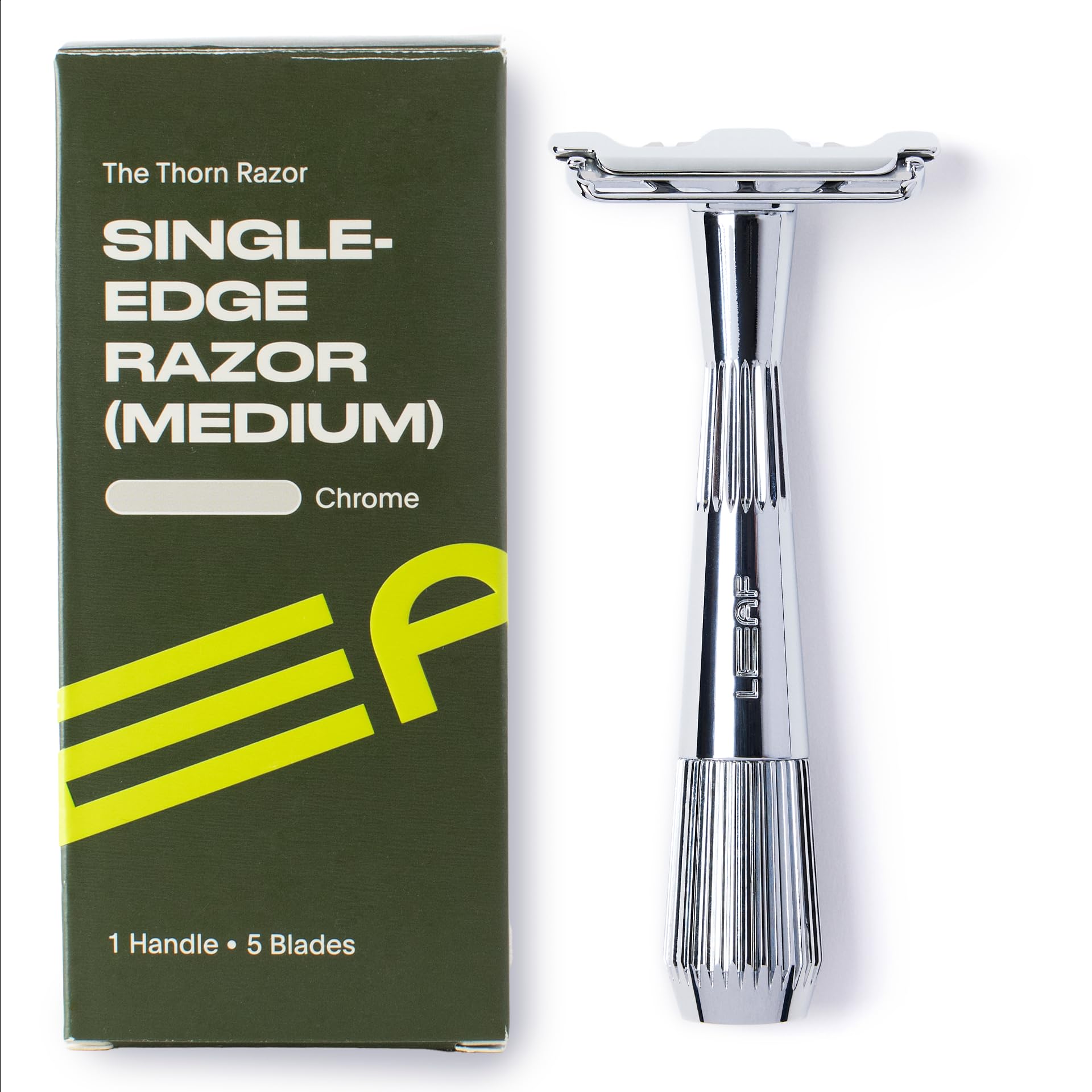 Leaf Thorn Razor by Leaf Shave, All-Metal Single Blade Razor for Men and Women, Fixed Head with Magnetic Load Assist, Includes 5 Stainless Steel