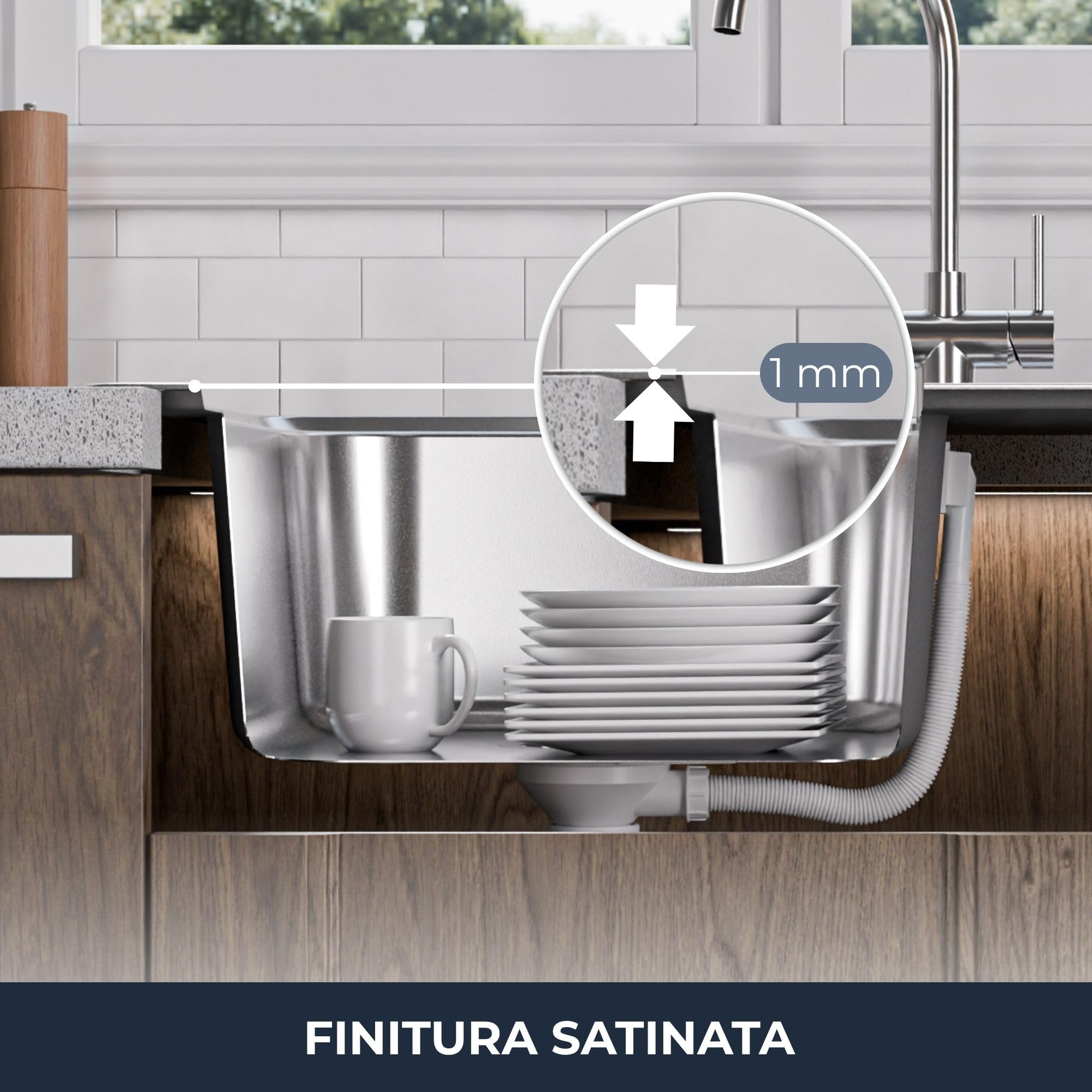 ANW HOME Lavello Cucina 1 Vasca 80x50 cm, Acciaio Inox | Incasso, Finitura Satinata, Spessore 1 mm, Con Sifone
